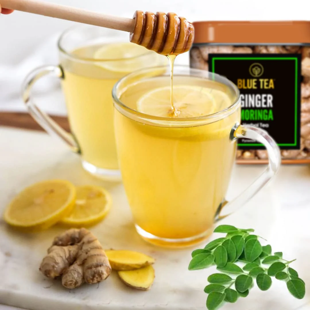 Blue Tea Caffeine Free Ginger Moringa Herbal Tea - 18 Pyramid Tea Bags In Tin Pack | Enhances Immune System - Gluten Free, Non-GMO - Image 5