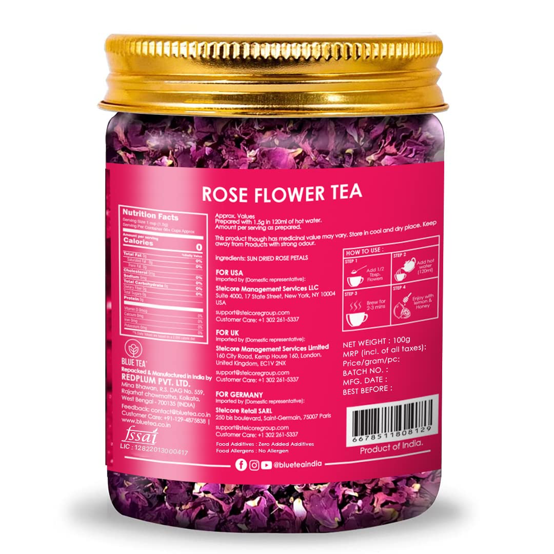 Blue Tea Caffeine Free Rose Flower Herbal Tea - 100gm Pet Jar, 3.5 Ounce, 100 Cups | Non-GMO, Flower Based Super Antioxidant Tea - Vitamin-C Rich For Beautiful Hair & Skin - Image 2