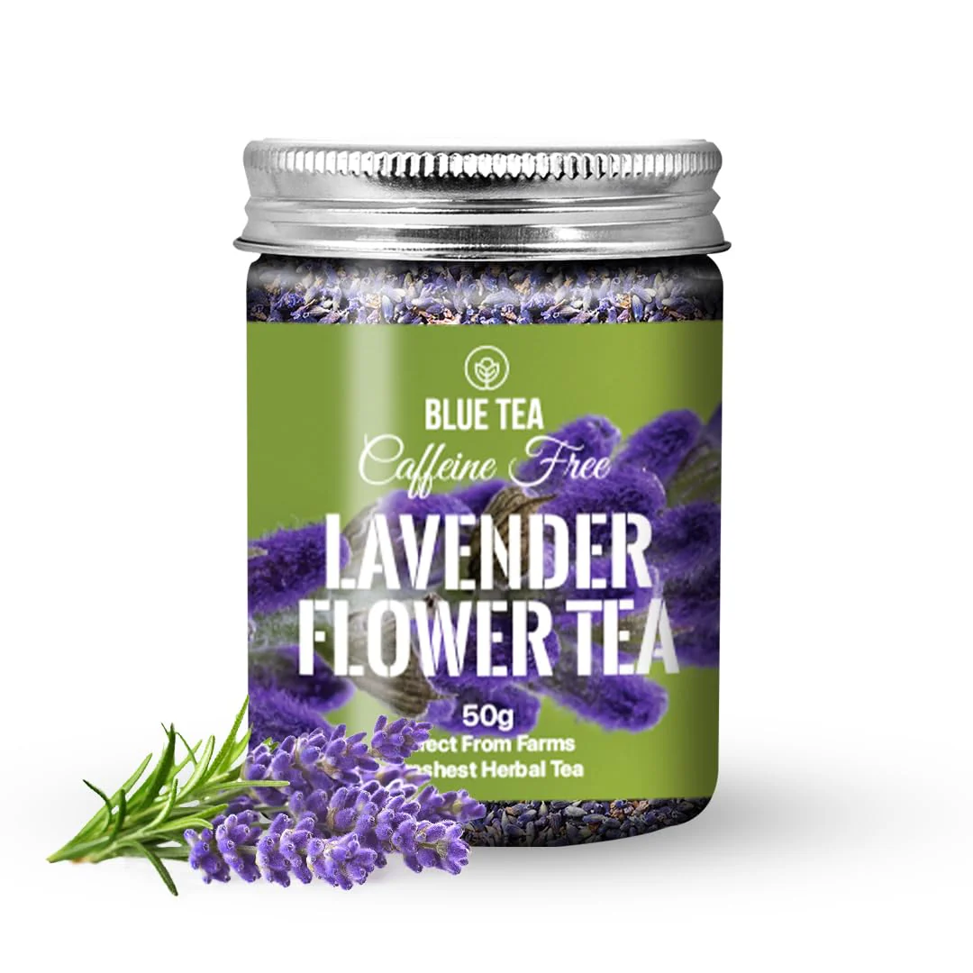 Blue Tea Lavender Flower Herbal Tea - 50gm Pet Jar, 1.7 Ounce, 50 Cups | Flower Based Calming Tea - Caffeine Free, Food Grade, Non-GMO | No Added Colors, No Preservatives