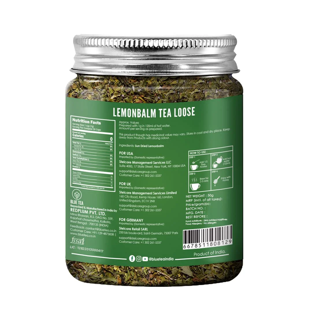 Blue Tea Lemon Balm Herbal Tea - 50gm Reusable Pet Jar, 1.7 Ounce, 50+ Cups | Relieves Stress, Reduces Bloating, Improves Digestion - Caffeine Free, Non-GMO - Image 2