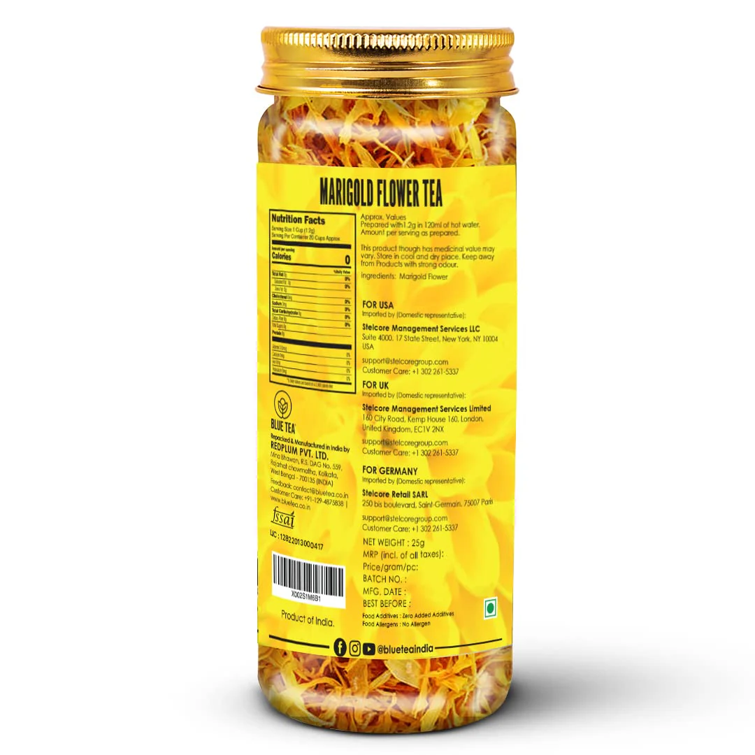 Blue Tea Organic Marigold Flower Herbal Tea - 25gm Pet Jar, 0.8 Ounce | Caffeine Free, Non-GMO, Flower Based Detox Tea - Gluten Free, Non-Bitter | Relieves Pain - Image 2
