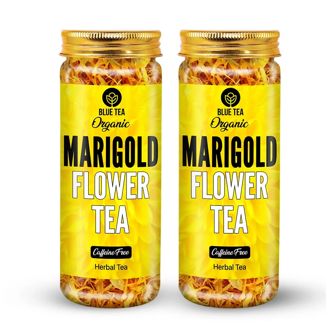 Blue Tea Organic Marigold Flower Herbal Tea - Pack Of 2 X 25gm Pet Jar, 0.8 Ounce Each, 50 Cups | Caffeine Free, Non-GMO, Flower Based Detox Tea - Gluten Free, Non-Bitter