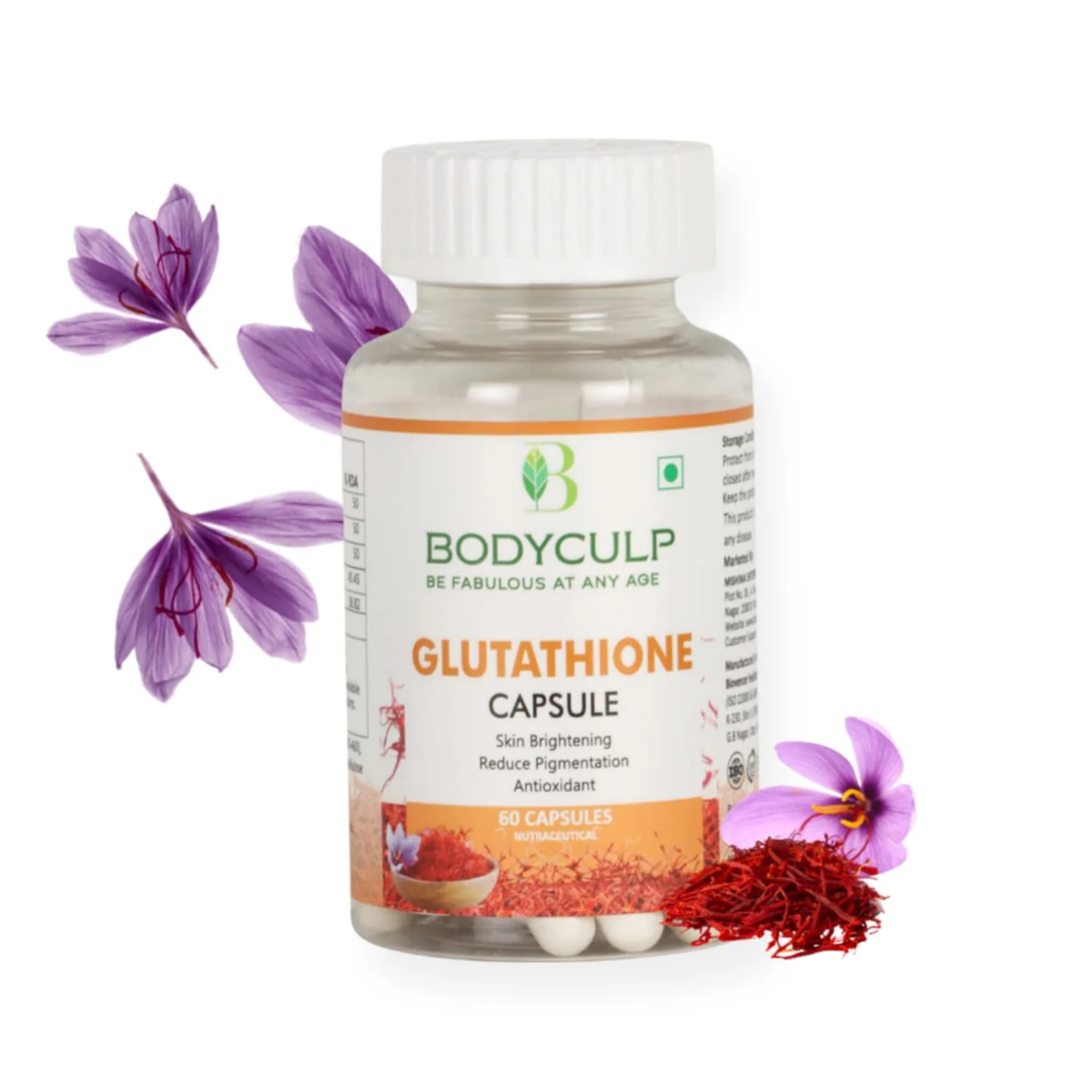 Bodyculp L- Glutathione Capsule Reduces Pigmentation & Provide Brighten Skin With Vitamin C & E, Healthy Radiant Skin Glowing, Antioxidant Support With Grape Seed Extract | 60 Capsules 100gm, 0.2lbs
