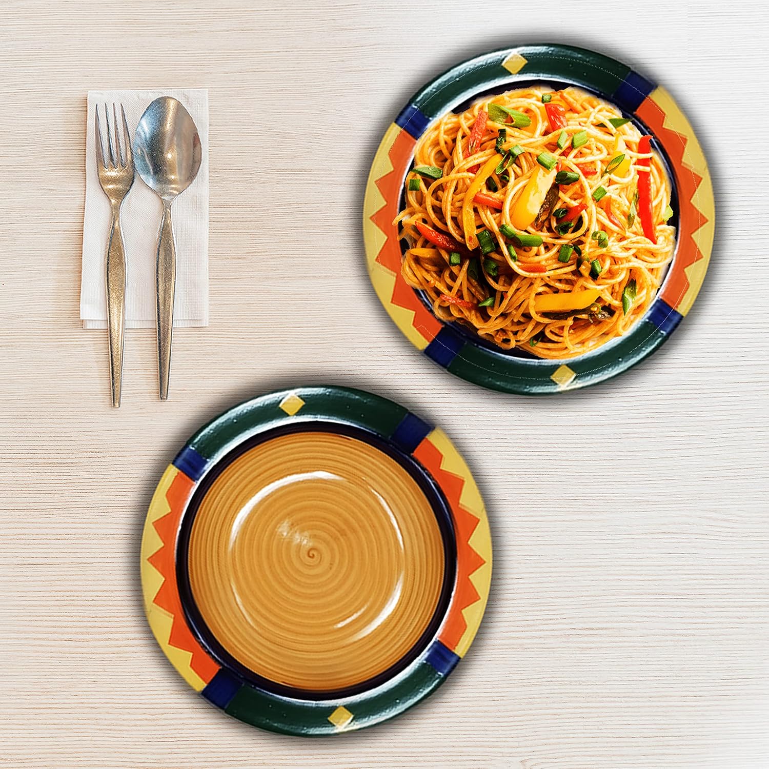 Boho Fiesta Ceramic Pasta Plates - 2 Pieces, Multicolor | Hand Painted Multi Purpose Ceramic Deep Plates, Snack Plates, Starter Plates - 9 Inch, Microwave Safe & Dishwasher Safe - Image 5
