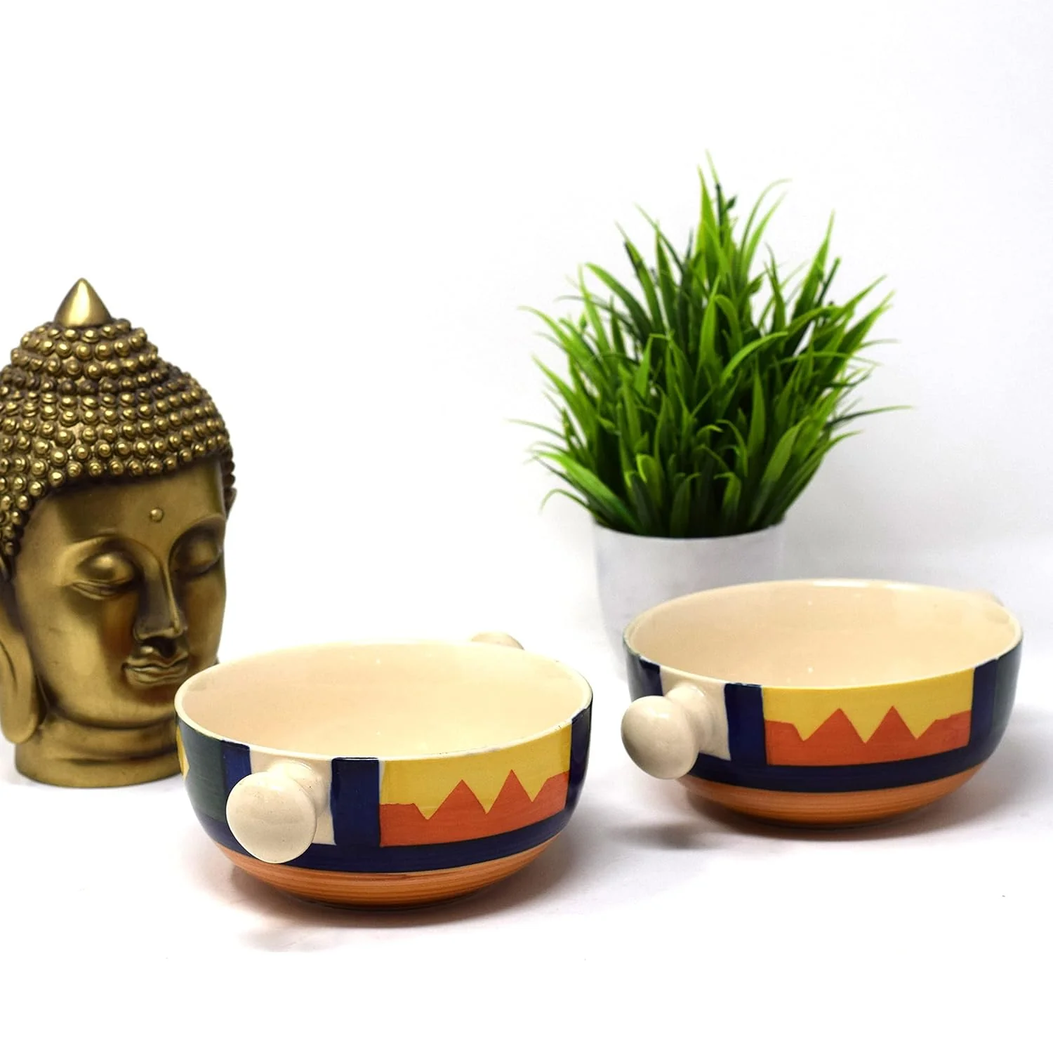 Boho Fiesta Ceramic Snack Bowls With Handles - 2 Pieces, 300ml Each, Multicolor | Hand Painted Handled Soup Bowls - Ceramic Snacks Serving Bowls Set | Microwave Safe & Dishwasher Safe - Image 2
