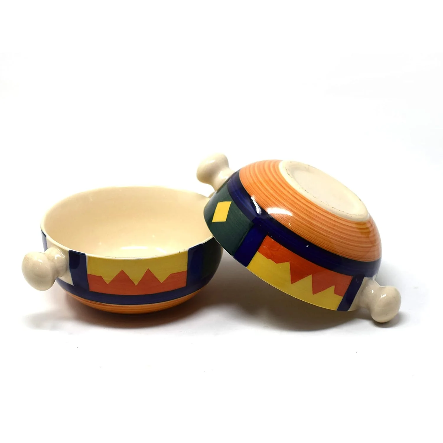 Boho Fiesta Ceramic Snack Bowls With Handles - 2 Pieces, 300ml Each, Multicolor | Hand Painted Handled Soup Bowls - Ceramic Snacks Serving Bowls Set | Microwave Safe & Dishwasher Safe - Image 3