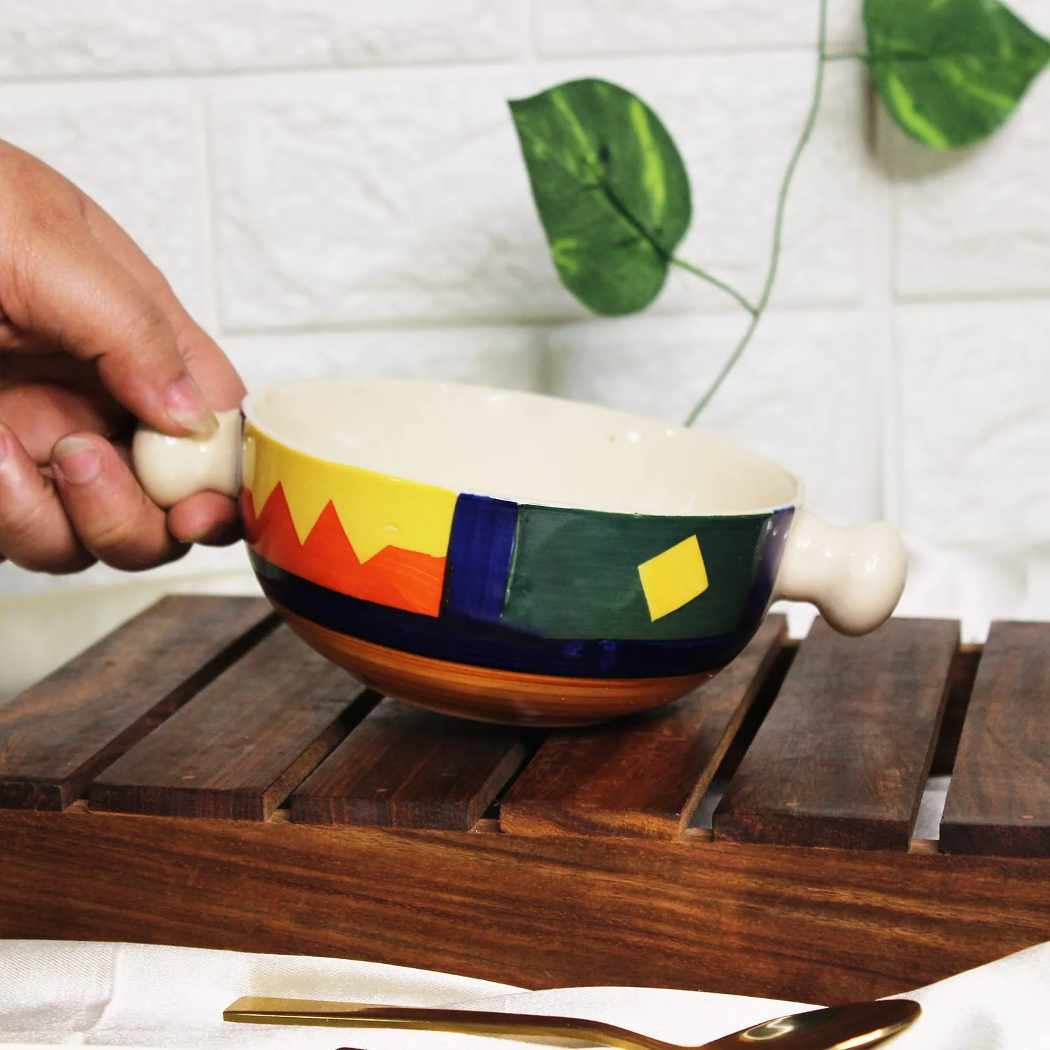 Boho Fiesta Ceramic Snack Bowls With Handles - 2 Pieces, 300ml Each, Multicolor | Hand Painted Handled Soup Bowls - Ceramic Snacks Serving Bowls Set | Microwave Safe & Dishwasher Safe - Image 4