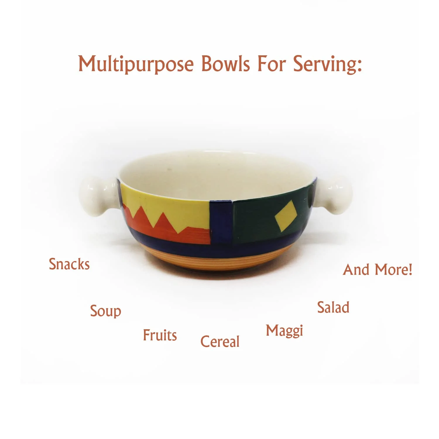 Boho Fiesta Ceramic Snack Bowls With Handles - 2 Pieces, 300ml Each, Multicolor | Hand Painted Handled Soup Bowls - Ceramic Snacks Serving Bowls Set | Microwave Safe & Dishwasher Safe - Image 5