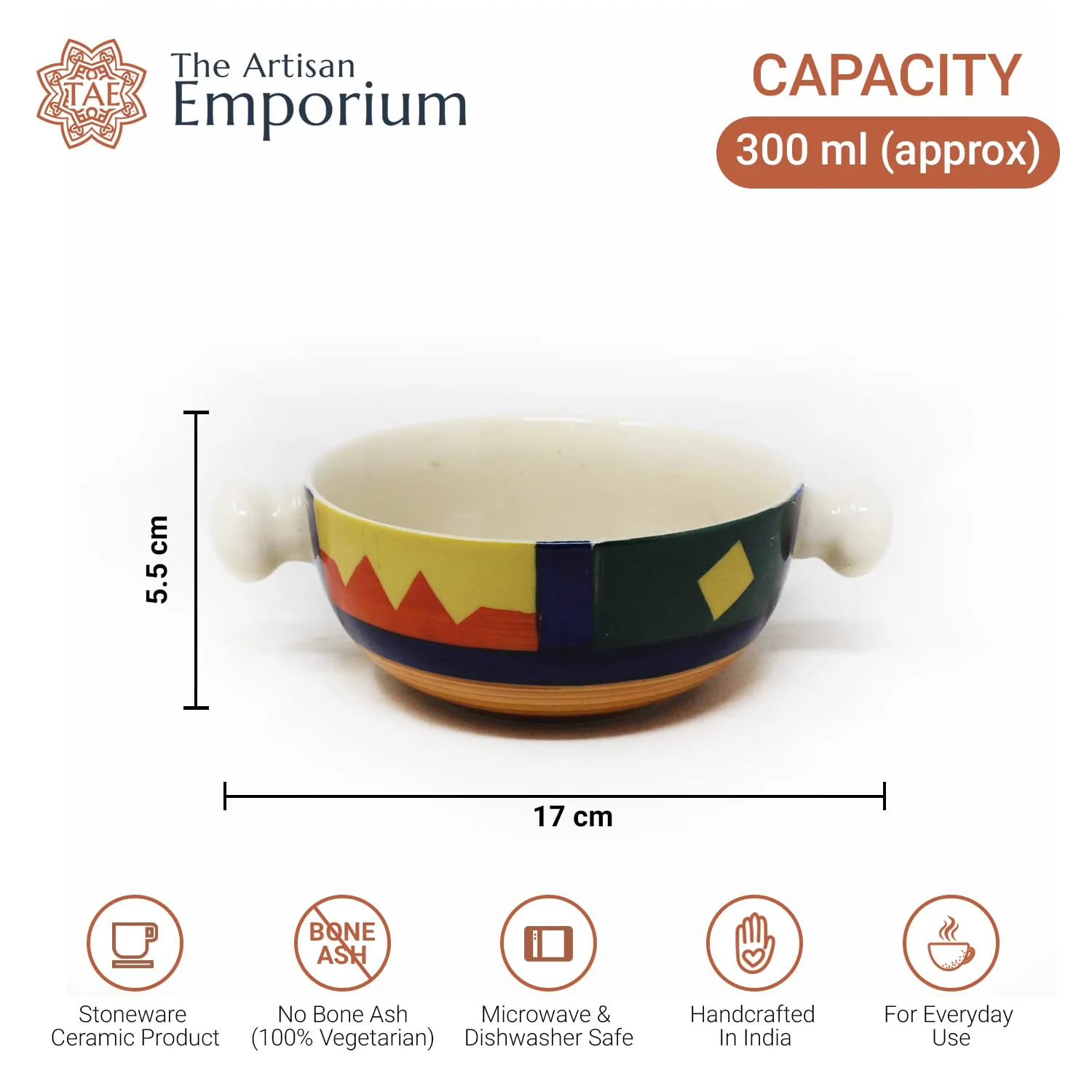 Boho Fiesta Ceramic Snack Bowls With Handles - 2 Pieces, 300ml Each, Multicolor | Hand Painted Handled Soup Bowls - Ceramic Snacks Serving Bowls Set | Microwave Safe & Dishwasher Safe - Image 6