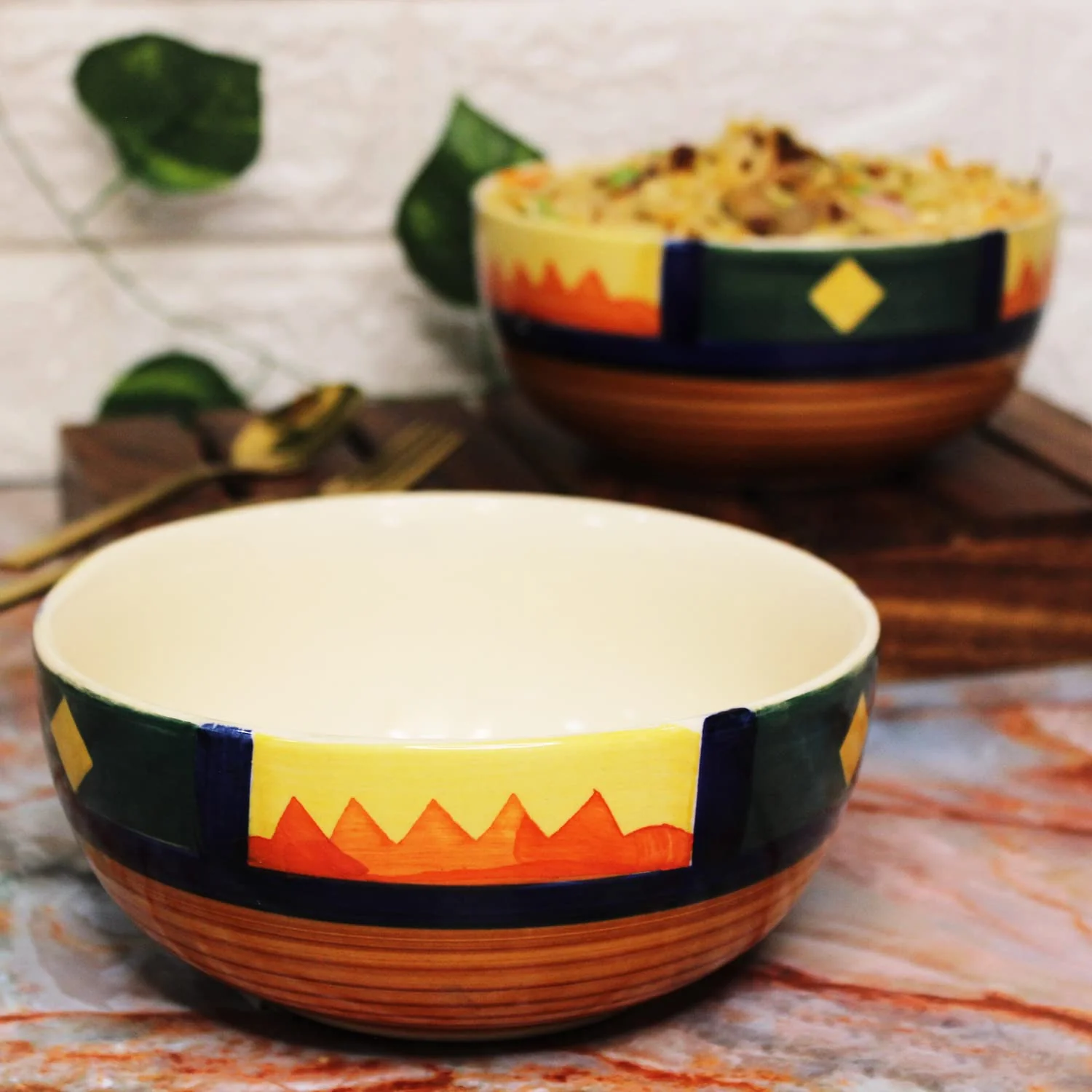 Boho Fiesta Hand Painted Ceramic Dinner Set - 10 Pieces, Multicolor | 4 Dinner Plates + 4 Katori Serving Bowls, 180ml Each+ 2 Serving Bowls, 800ml Each Dinnerware Set | Serving For 4, Microwave Safe - Image 4