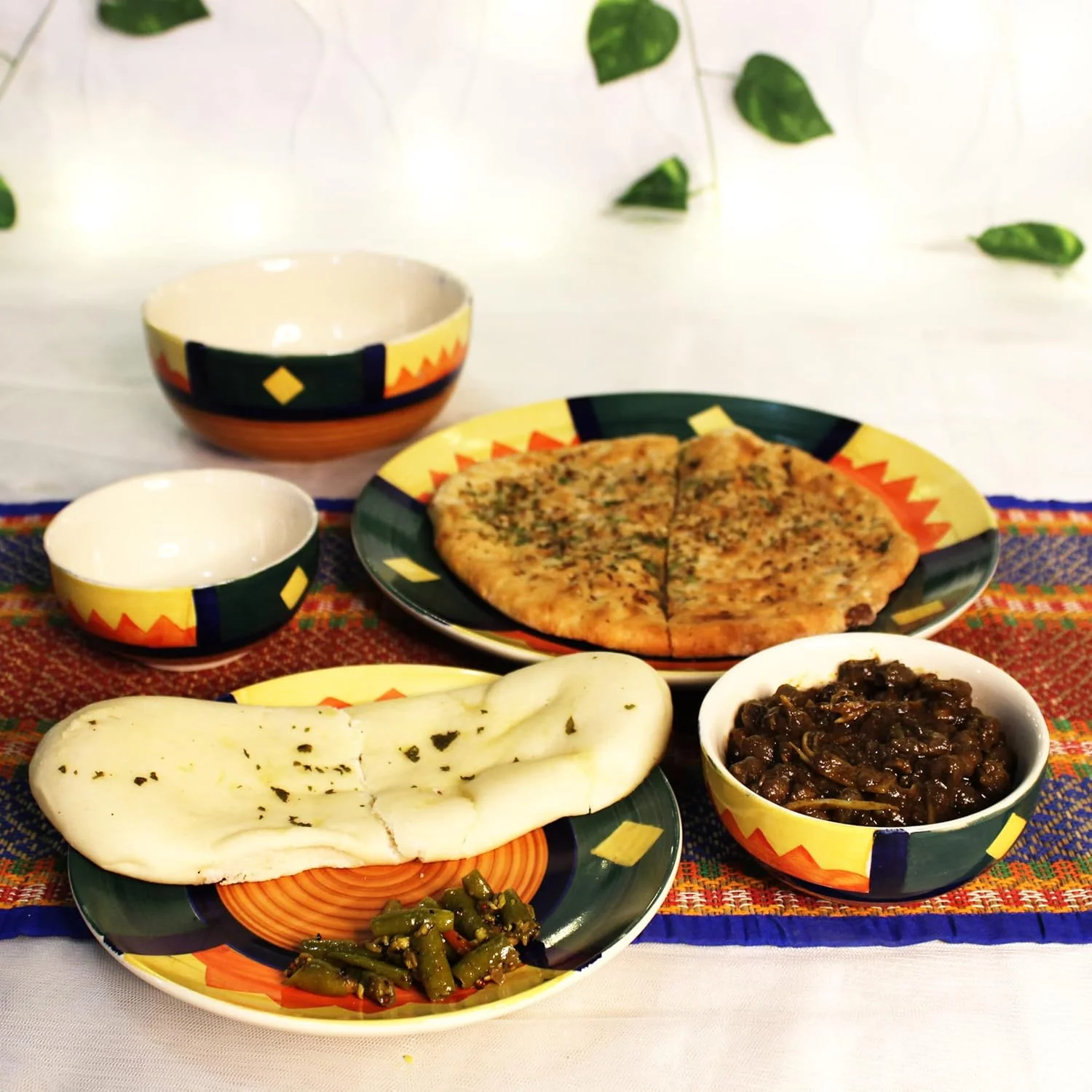 Boho Fiesta Hand Painted Ceramic Dinner Set - 10 Pieces, Multicolor | 4 Dinner Plates + 4 Katori Serving Bowls, 180ml Each+ 2 Serving Bowls, 800ml Each Dinnerware Set | Serving For 4, Microwave Safe - Image 5