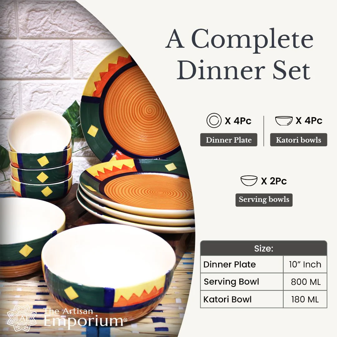 Boho Fiesta Hand Painted Ceramic Dinner Set - 10 Pieces, Multicolor | 4 Dinner Plates + 4 Katori Serving Bowls, 180ml Each+ 2 Serving Bowls, 800ml Each Dinnerware Set | Serving For 4, Microwave Safe - Image 6