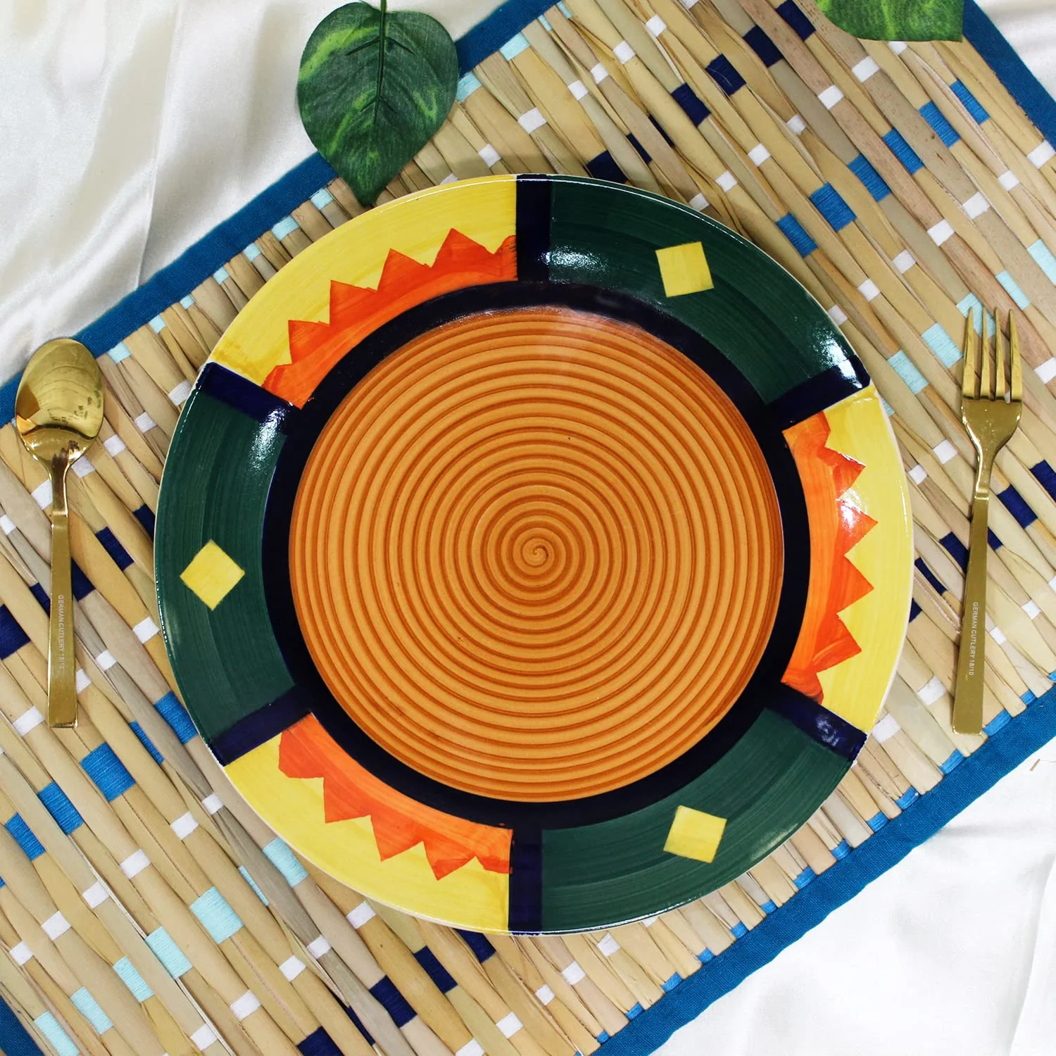 Boho Fiesta Hand Painted Ceramic Dinner Set - 8 Pieces, Multicolor | 4 Dinner Plates + 4 Katori Serving Bowls, 180ml Each Dinnerware Set | Serving For 4, Microwave Safe & Dishwasher Safe - Image 2