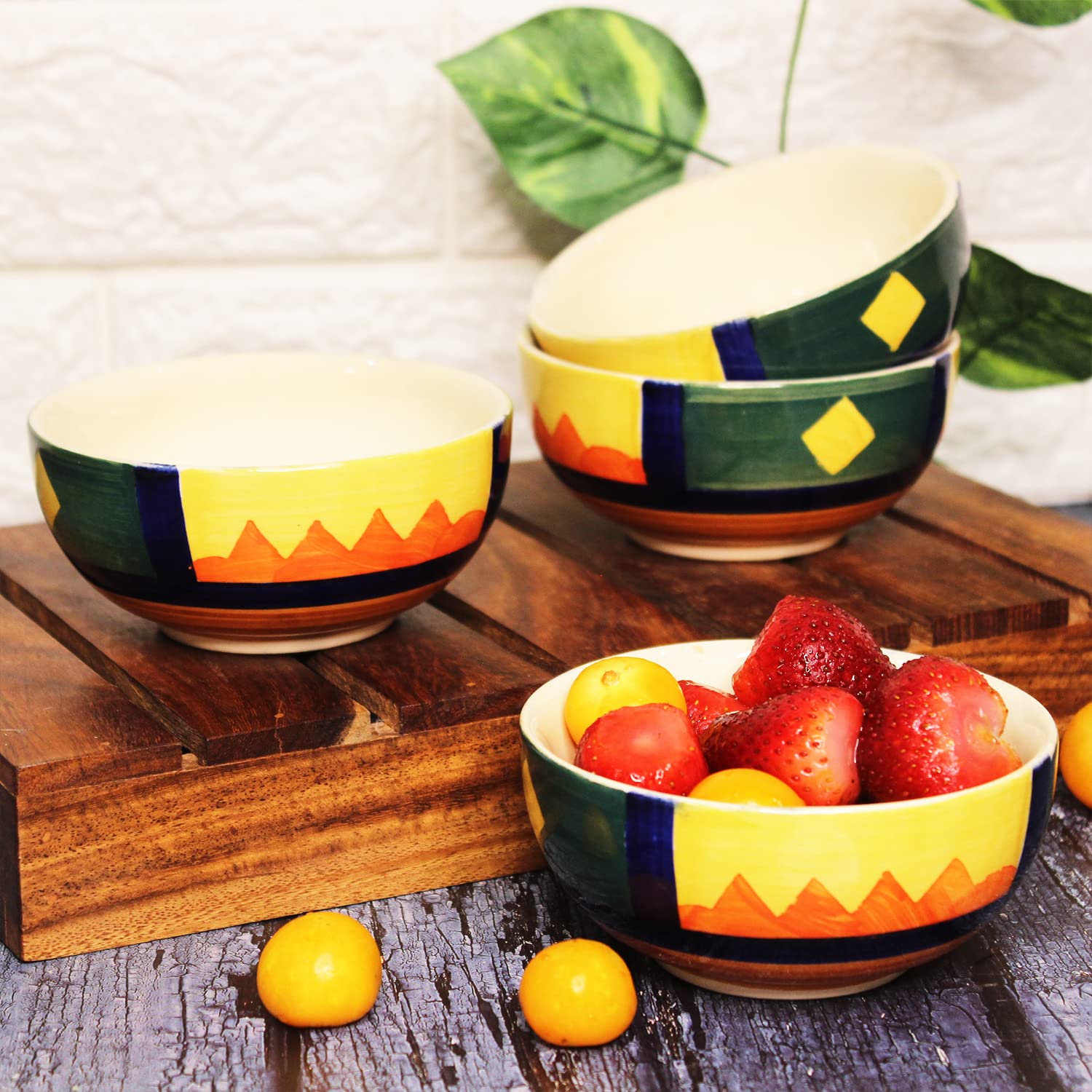 Boho Fiesta Hand Painted Ceramic Dinner Set - 8 Pieces, Multicolor | 4 Dinner Plates + 4 Katori Serving Bowls, 180ml Each Dinnerware Set | Serving For 4, Microwave Safe & Dishwasher Safe - Image 3