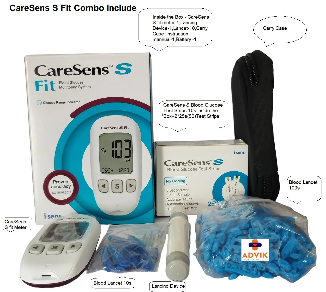 CareSens S Fit Blood Glucose Monitoring System With Enhanced Accuracy & Precision, Combo Offer 10s Test Strips In Side Kit+50s Test Strips (Total 60 Test Strips)+100 Blood Lancet - Image 2