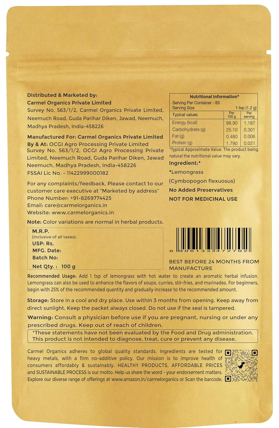 Carmel Organics Lemongrass Herbal Tea - 100gm, 3.5 Ounce, Makes 50+ Cups | Treat Skin Problems, Removes Toxins From The Body - No Added Preservatives, Non-GMO - Image 2