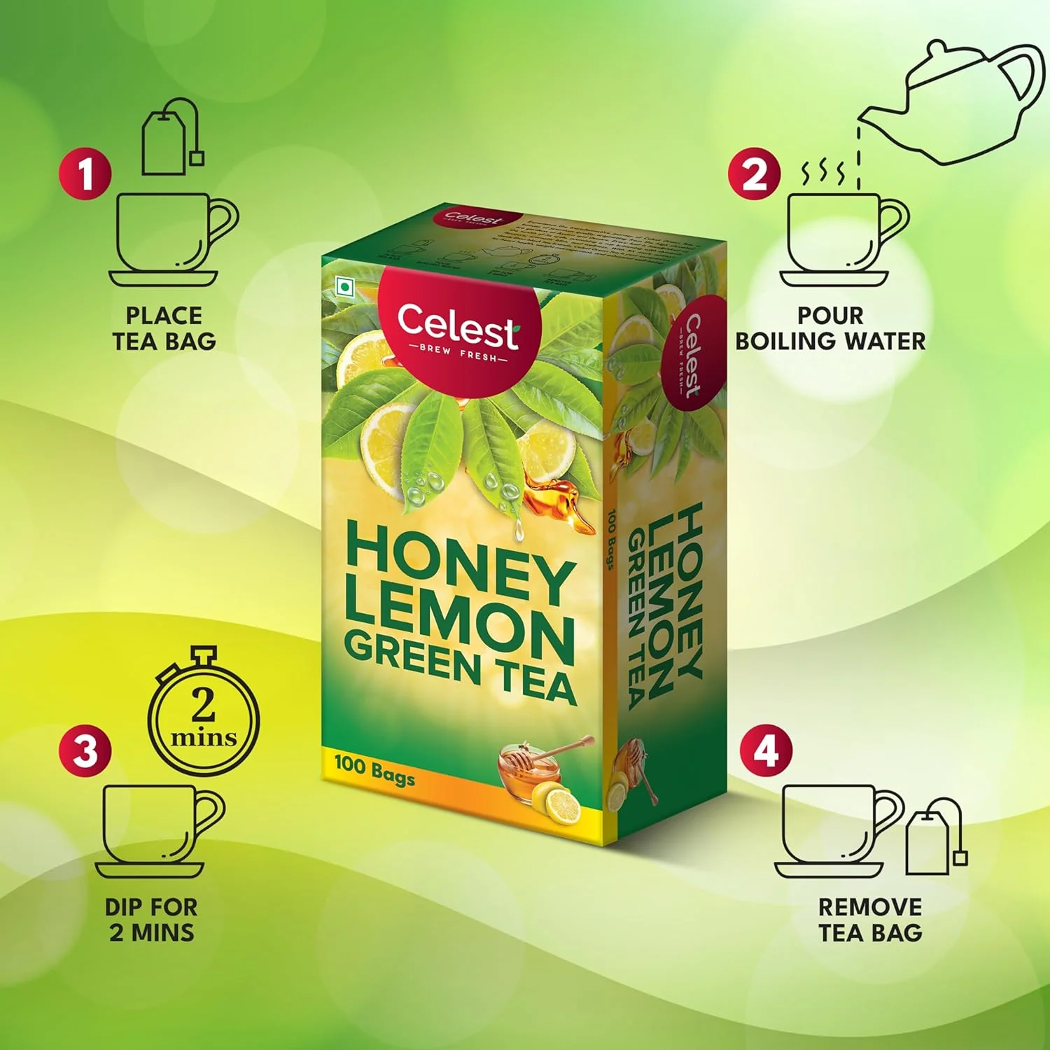 Celest Honey Lemon Green Tea - 100 Enveloped Tea Bags | Helps Boost Metabolism, Zero Calories, Manage Waistline - Green Tea For Weight Loss - Image 5