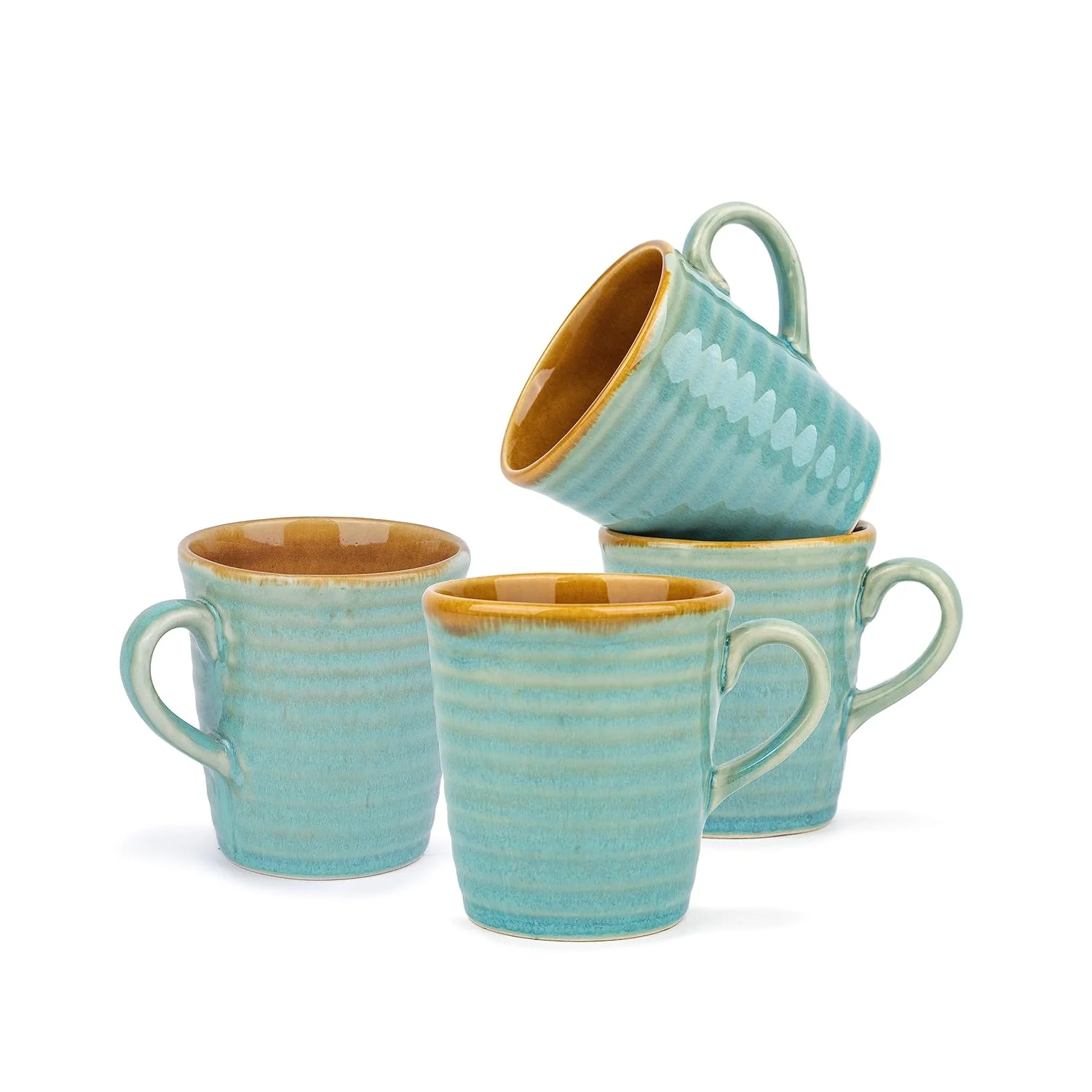Ceramic Artisanal Coffee Cup Set Of 4 - 290ml Each, Turquoise Blue | Medium Cup With Glossy Finish - Stoneware Coffee Cup Set | Ceramic Everyday Cup - Microwave Safe & Dishwasher Safe