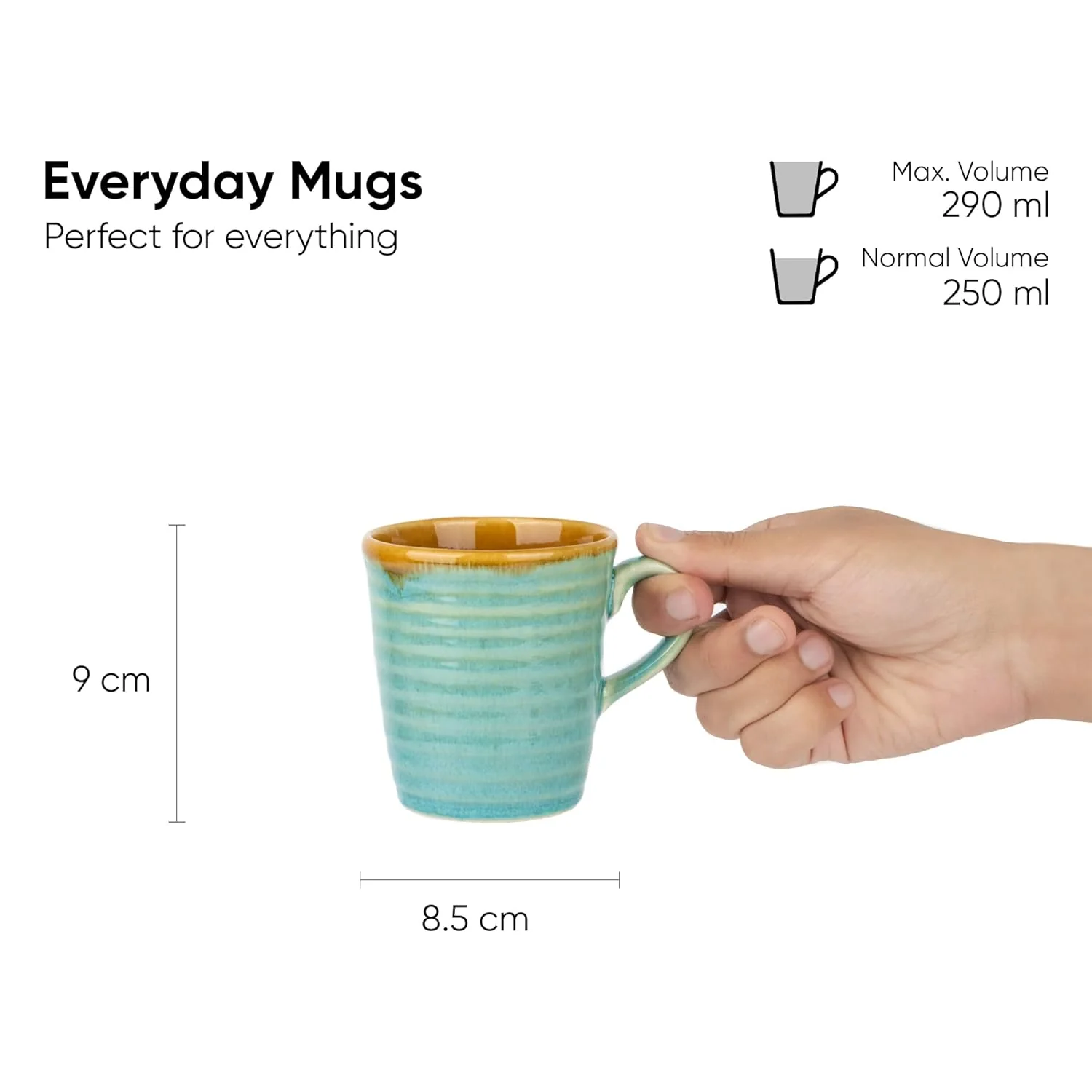 Ceramic Artisanal Coffee Cup Set Of 4 - 290ml Each, Turquoise Blue | Medium Cup With Glossy Finish - Stoneware Coffee Cup Set | Ceramic Everyday Cup - Microwave Safe & Dishwasher Safe - Image 4