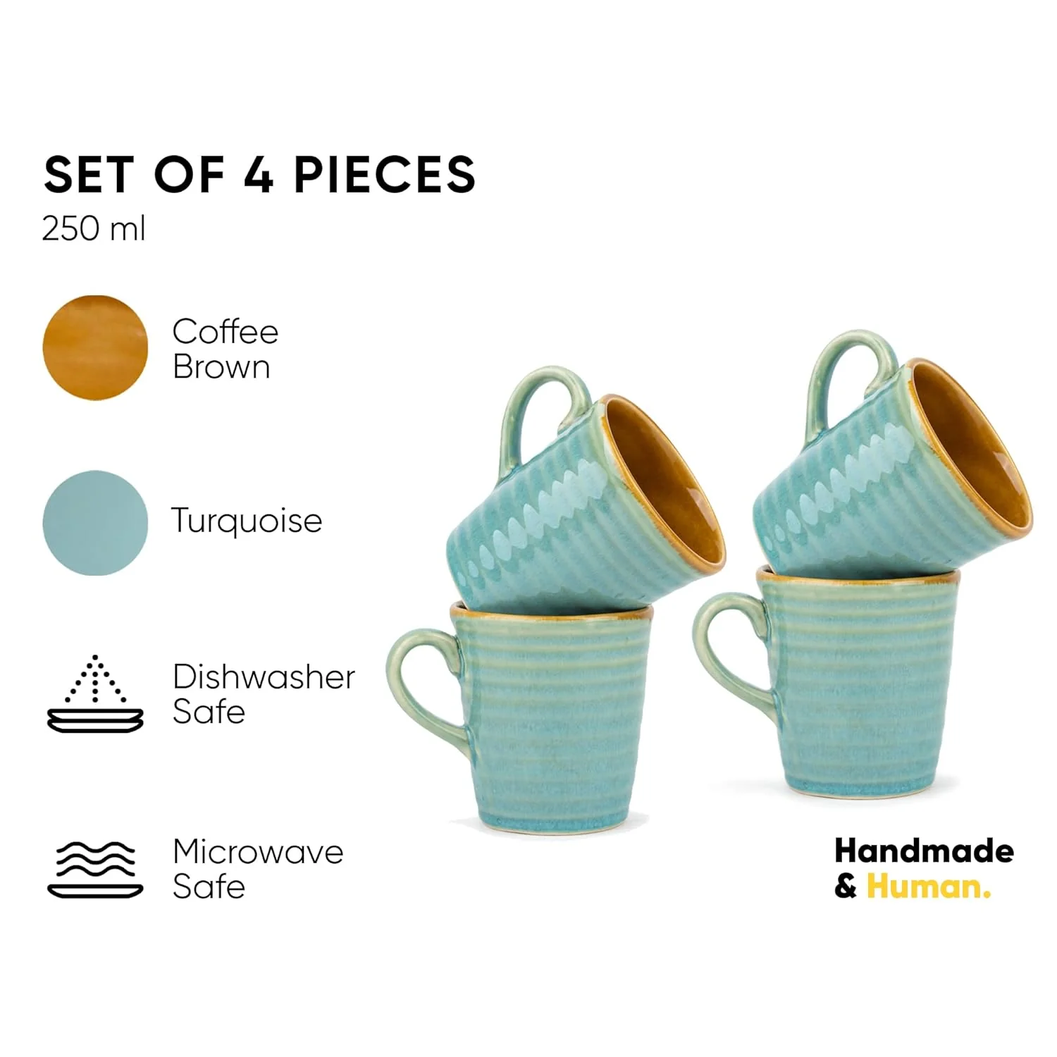 Ceramic Artisanal Coffee Cup Set Of 4 - 290ml Each, Turquoise Blue | Medium Cup With Glossy Finish - Stoneware Coffee Cup Set | Ceramic Everyday Cup - Microwave Safe & Dishwasher Safe - Image 5