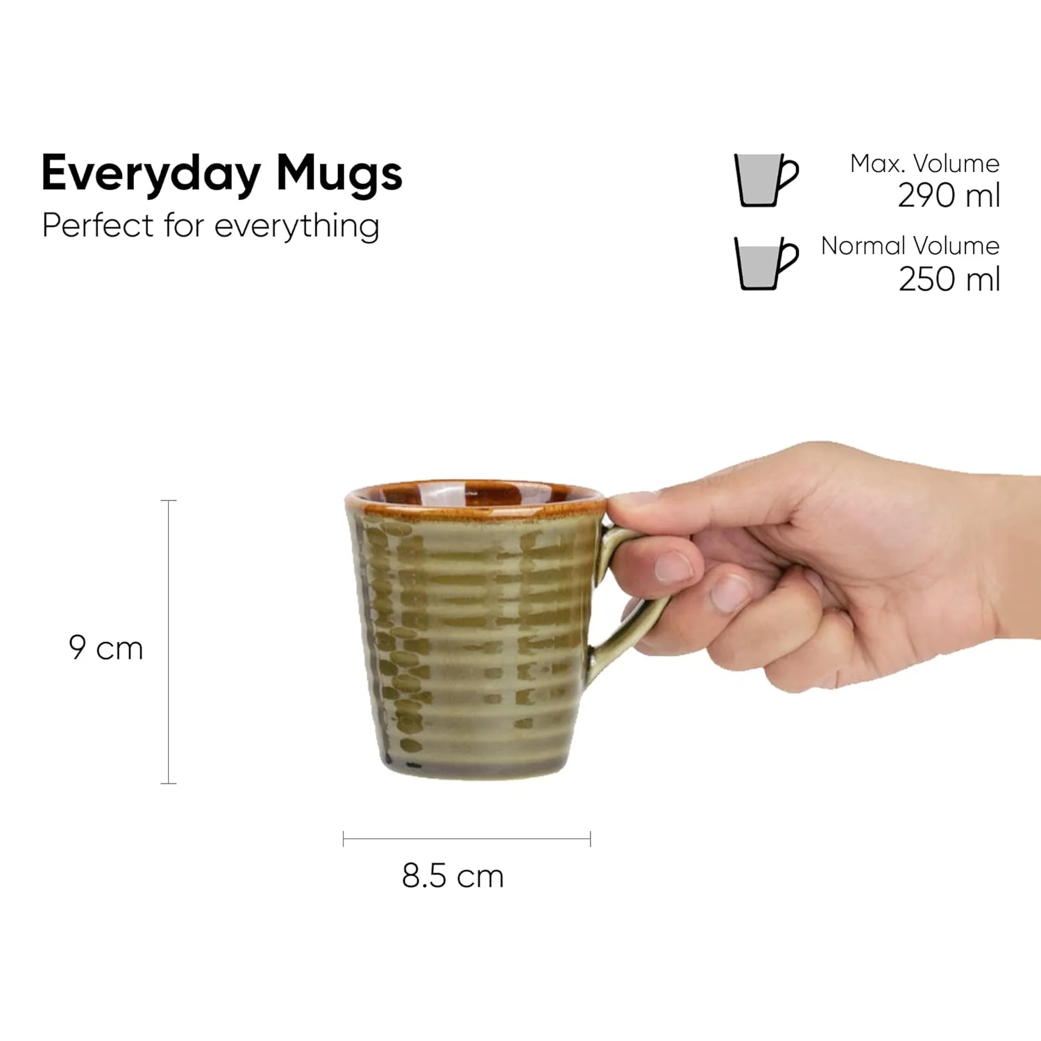 Ceramic Artisanal Coffee Cup Set Of 6 - 290ml Each, Mehndi Green | Medium Cup With Glossy Finish - Stoneware Coffee Cup Set | Ceramic Everyday Cup - Microwave Safe & Dishwasher Safe - Image 2