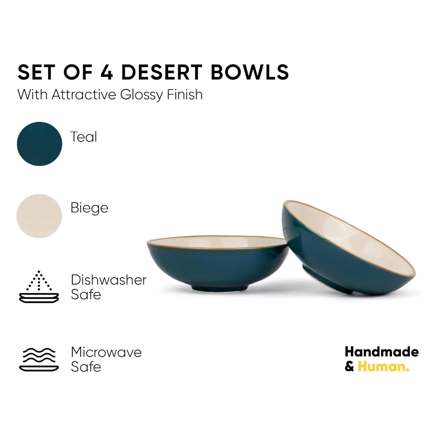 Ceramic Bowl Set Of 4 Pieces For Snacks - 13cm, Teal Ivory | Dessert Bowl With Glossy Finish - Premium Stoneware | Microwave Safe Halwa Plates - Image 4