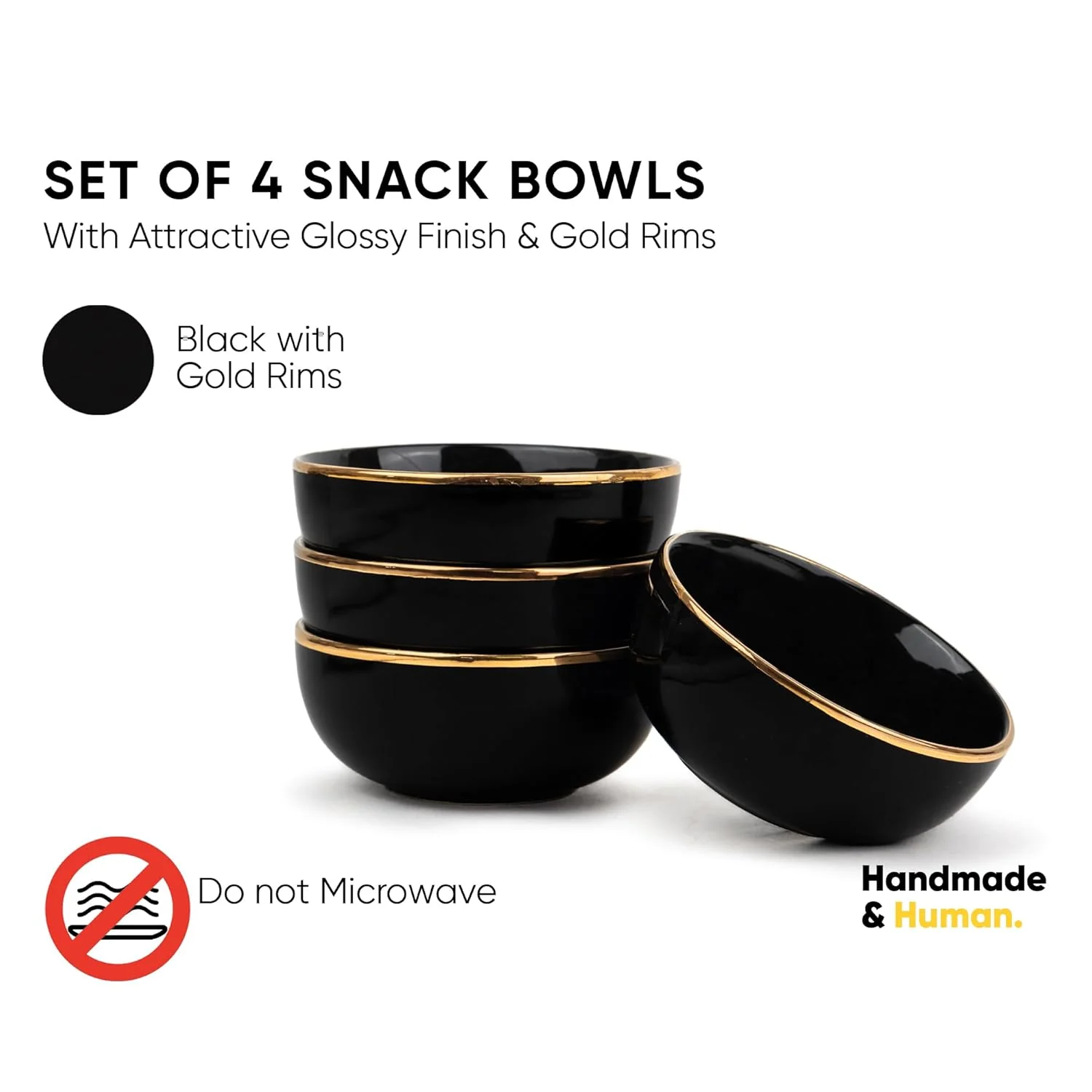 Ceramic Bowl Set Of 4 Pieces For Snacks - 330ml Each, Black Gold | Maggie Bowl, Noodle Bowl With Glossy Finish - Premium Stoneware | Microwave Safe & Dishwasher Safe - Image 2