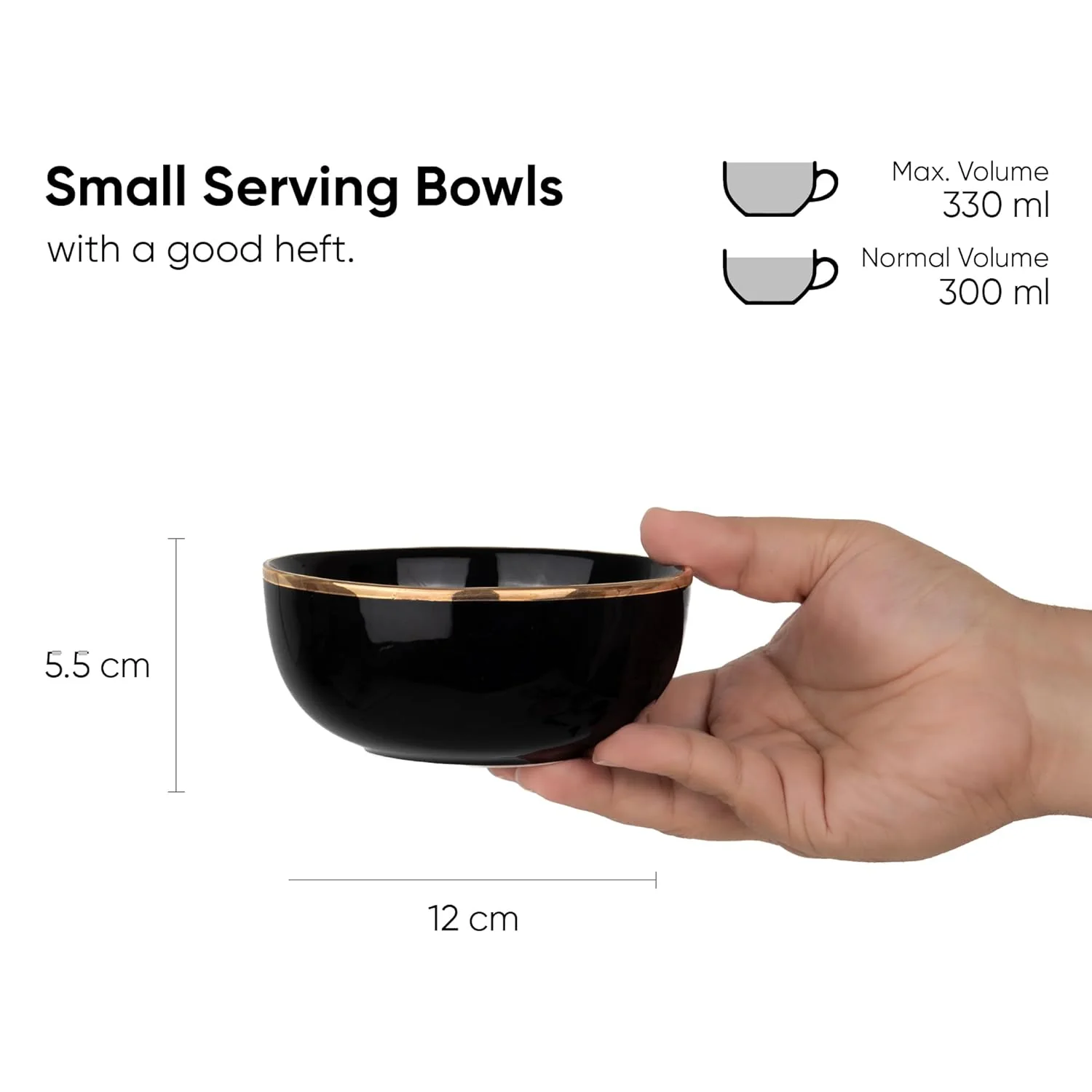 Ceramic Bowl Set Of 4 Pieces For Snacks - 330ml Each, Black Gold | Maggie Bowl, Noodle Bowl With Glossy Finish - Premium Stoneware | Microwave Safe & Dishwasher Safe - Image 3