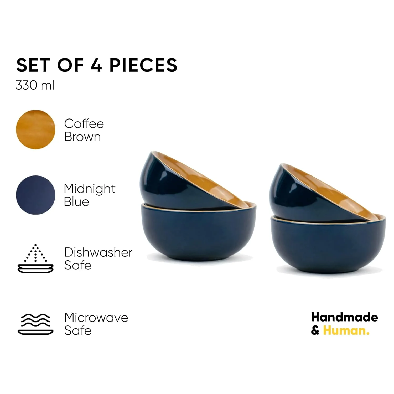 Ceramic Bowl Set Of 4 Pieces For Snacks - 330ml Each, Midnight Blue | Maggie Bowl, Noodle Bowl With Glossy Finish - Premium Stoneware | Microwave Safe & Dishwasher Safe - Image 2