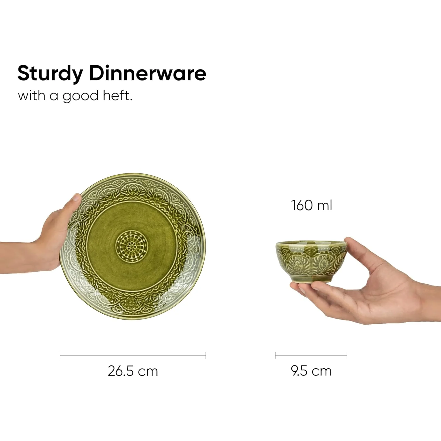 Ceramic Carving Dinner Set Of 21 Pcs, Mehndi Green | Crockery Set - Dining Sets | 6 Dinner Plates+ 6 Dinner Plates+ 6 Veg Bowls, 160ml Each+ 2 Medium Bowls, 630ml Each+ 1 Large Bowl, 1200ml - Image 3