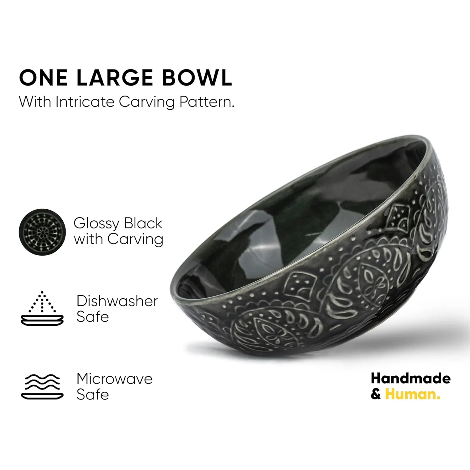 Ceramic Carving Large Serving Bowls Set Of 1 Pc - 1200ml, Black Carving | Premium Ceramic Bowls - Large Size | Microwave Safe Bowls - Bowl Sets With Glossy Finish | Ceramic Bowl - Image 5