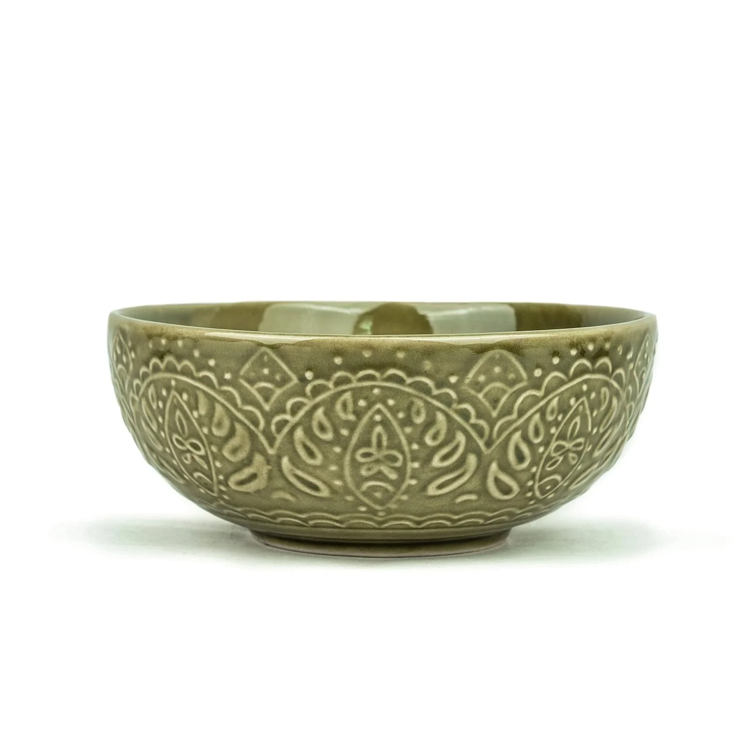 Ceramic Carving Large Serving Bowls Set Of 1 Pc - 1200ml, Mehndi Green Carving | Premium Ceramic Bowls - Large Size | Microwave Safe Bowls - Bowl Sets With Glossy Finish | Ceramic Bowl