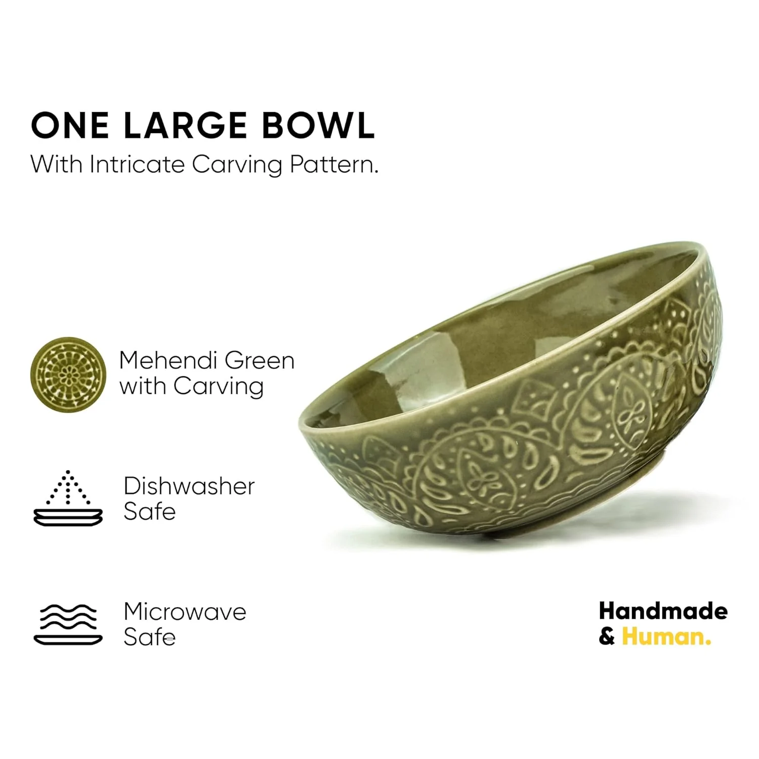 Ceramic Carving Large Serving Bowls Set Of 1 Pc - 1200ml, Mehndi Green Carving | Premium Ceramic Bowls - Large Size | Microwave Safe Bowls - Bowl Sets With Glossy Finish | Ceramic Bowl - Image 2