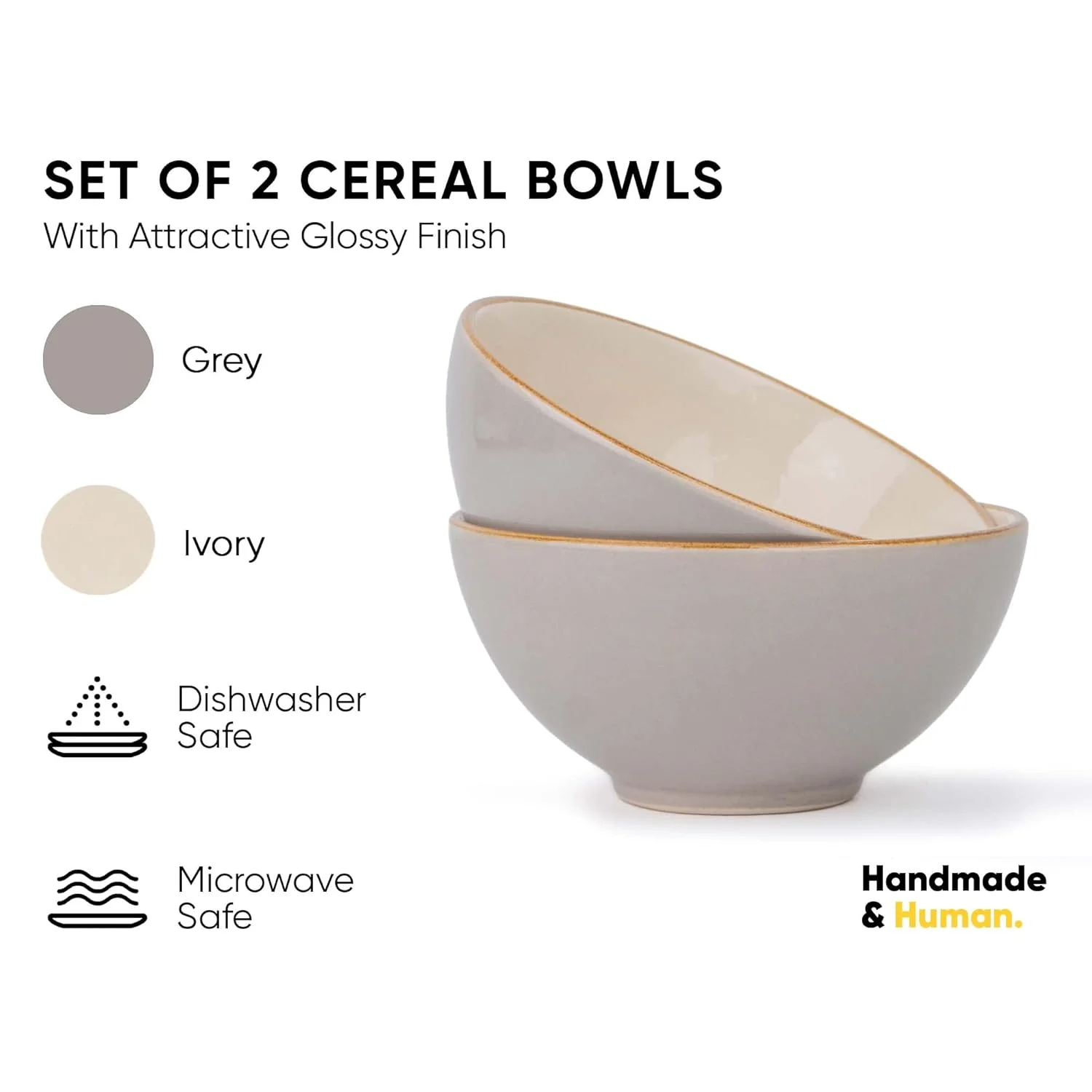 Ceramic Cereal Bowl Set Of 2 Pieces - 15cm, Grey Ivory, 600ml Each | Glossy Finish - Stoneware Ceramic Serving Bowls | Cereal Bowl - Maggi Bowl - Ceramic Bowl | Microwave Safe - Image 2