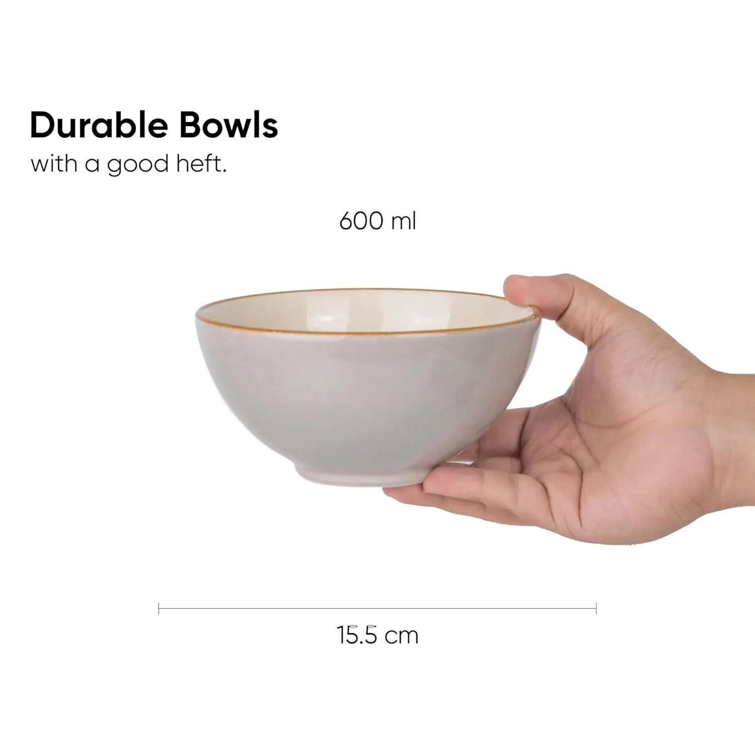 Ceramic Cereal Bowl Set Of 2 Pieces - 15cm, Grey Ivory, 600ml Each | Glossy Finish - Stoneware Ceramic Serving Bowls | Cereal Bowl - Maggi Bowl - Ceramic Bowl | Microwave Safe - Image 3