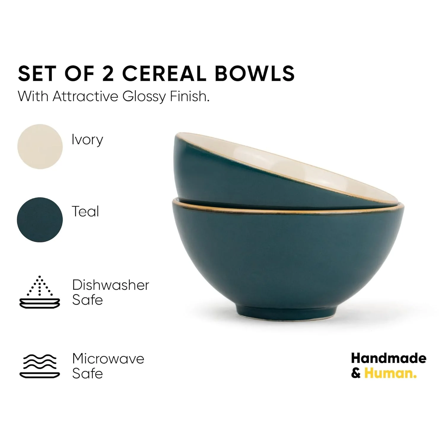 Ceramic Cereal Bowl Set Of 2 Pieces - 15cm, Teal Ivory, 600ml Each | Glossy Finish - Stoneware Ceramic Serving Bowls | Cereal Bowl - Maggi Bowl - Ceramic Bowl | Microwave Safe - Image 3