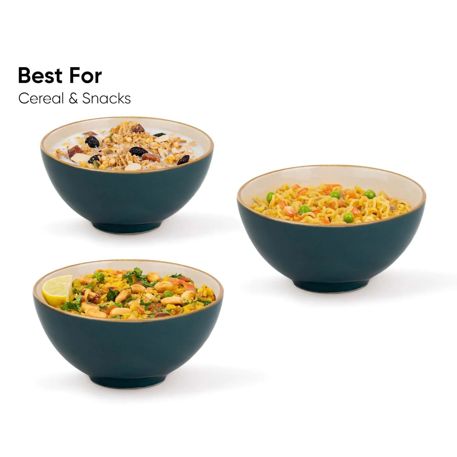 Ceramic Cereal Bowl Set Of 2 Pieces - 15cm, Teal Ivory, 600ml Each | Glossy Finish - Stoneware Ceramic Serving Bowls | Cereal Bowl - Maggi Bowl - Ceramic Bowl | Microwave Safe - Image 4