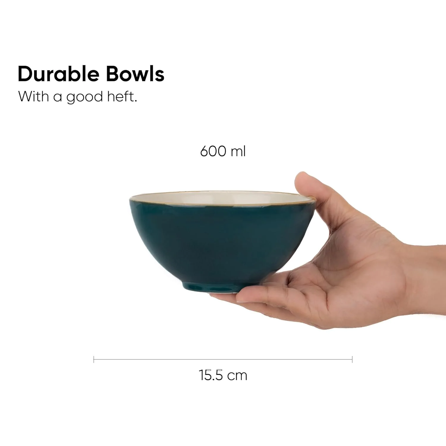 Ceramic Cereal Bowl Set Of 2 Pieces - 15cm, Teal Ivory, 600ml Each | Glossy Finish - Stoneware Ceramic Serving Bowls | Cereal Bowl - Maggi Bowl - Ceramic Bowl | Microwave Safe - Image 5