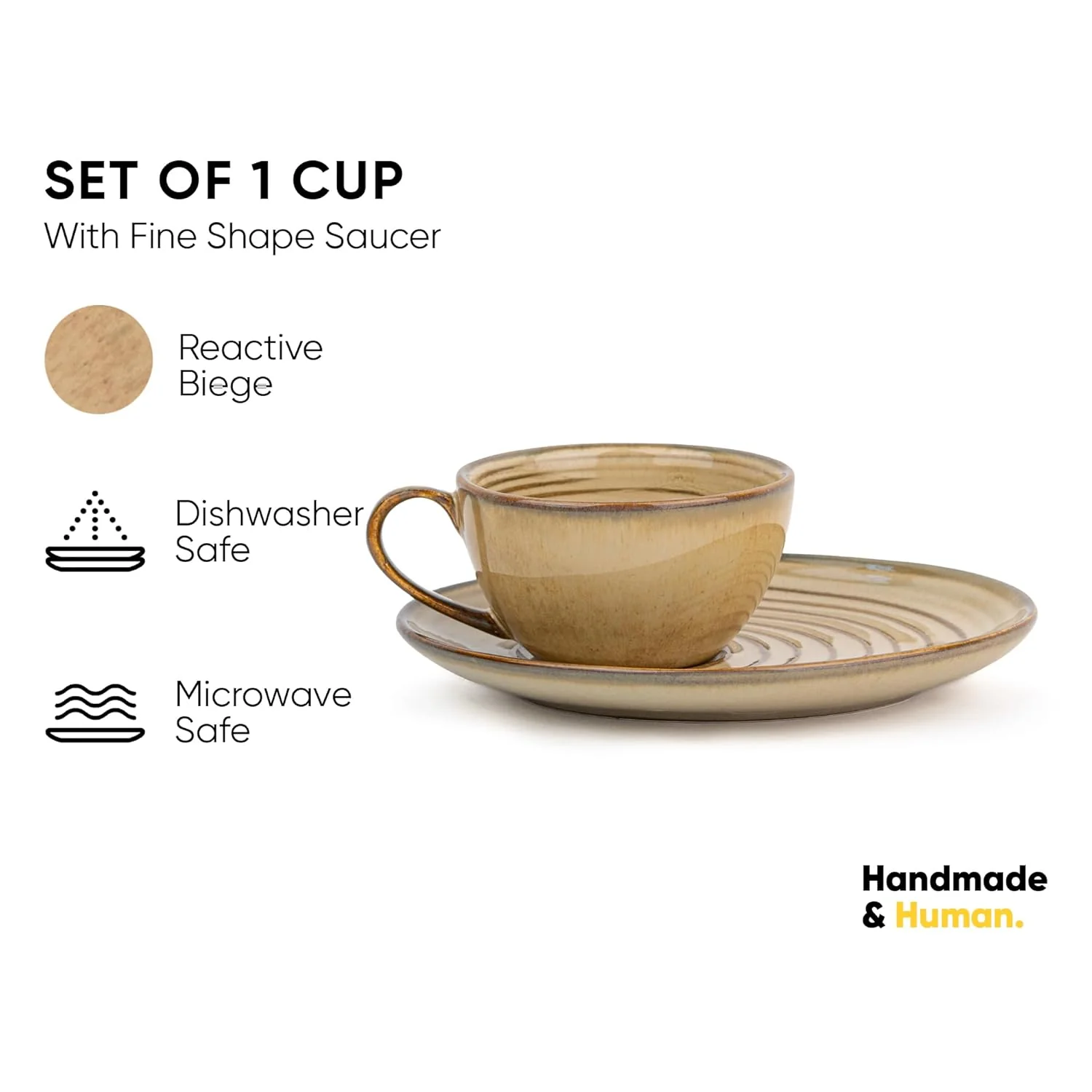 Ceramic Coffee Cup Saucer Set - Beige Reactive, 250ml | Ceramic Mug With Glossy Finish | Mug For Coffee - Ceramic Coffee Mug | 1 Cup + 1 Saucer - Microwave Safe - Image 4