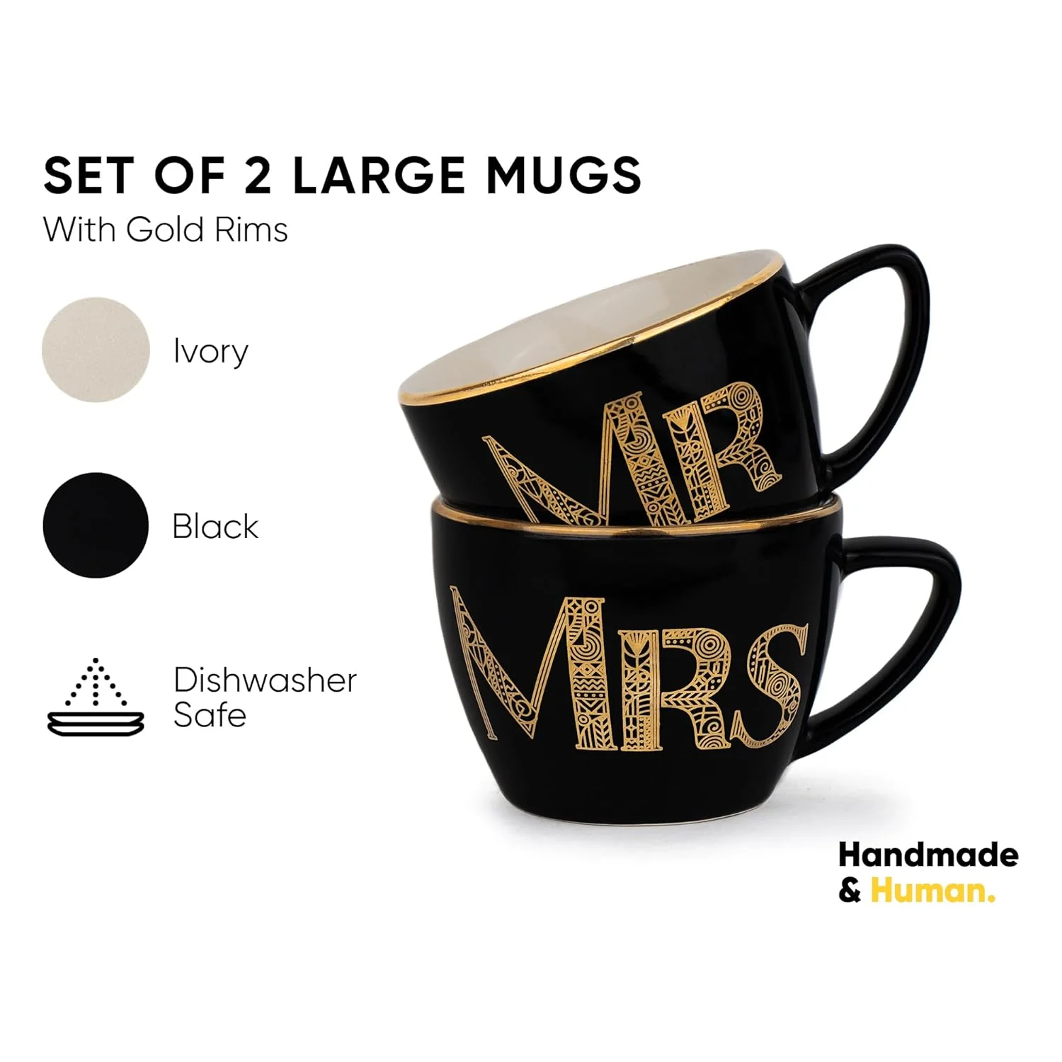 Ceramic Couple Mugs Set Of 2 - Black, 400ml Each | Mr & Mrs Coffee Mug With Glossy Finish - Large Cup For Coffee - Cappuccino Cup | Premium Stoneware Coffee Cup - Microwave Safe, Dishwasher Safe - Image 2