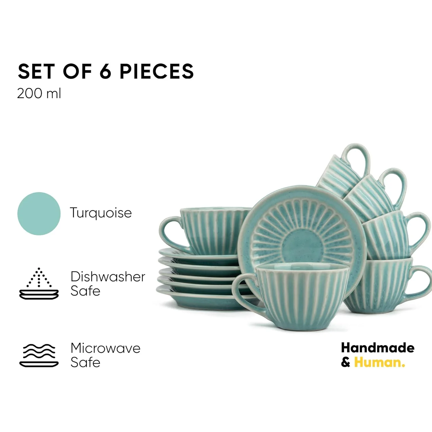 Ceramic Cup & Saucer Set Of 6 - Turquoise, 200ml Each | 6 Cups + 6 Saucers - Premium Stoneware Tea Set With Glossy Finish | Ceramic Tea Cup & Saucer Set - Microwave Safe & Dishwasher Safe - Image 2