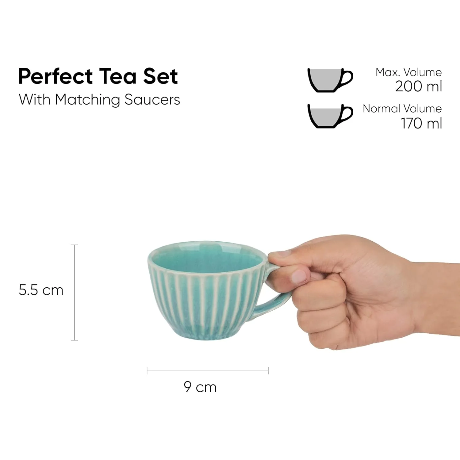 Ceramic Cup & Saucer Set Of 6 - Turquoise, 200ml Each | 6 Cups + 6 Saucers - Premium Stoneware Tea Set With Glossy Finish | Ceramic Tea Cup & Saucer Set - Microwave Safe & Dishwasher Safe - Image 4