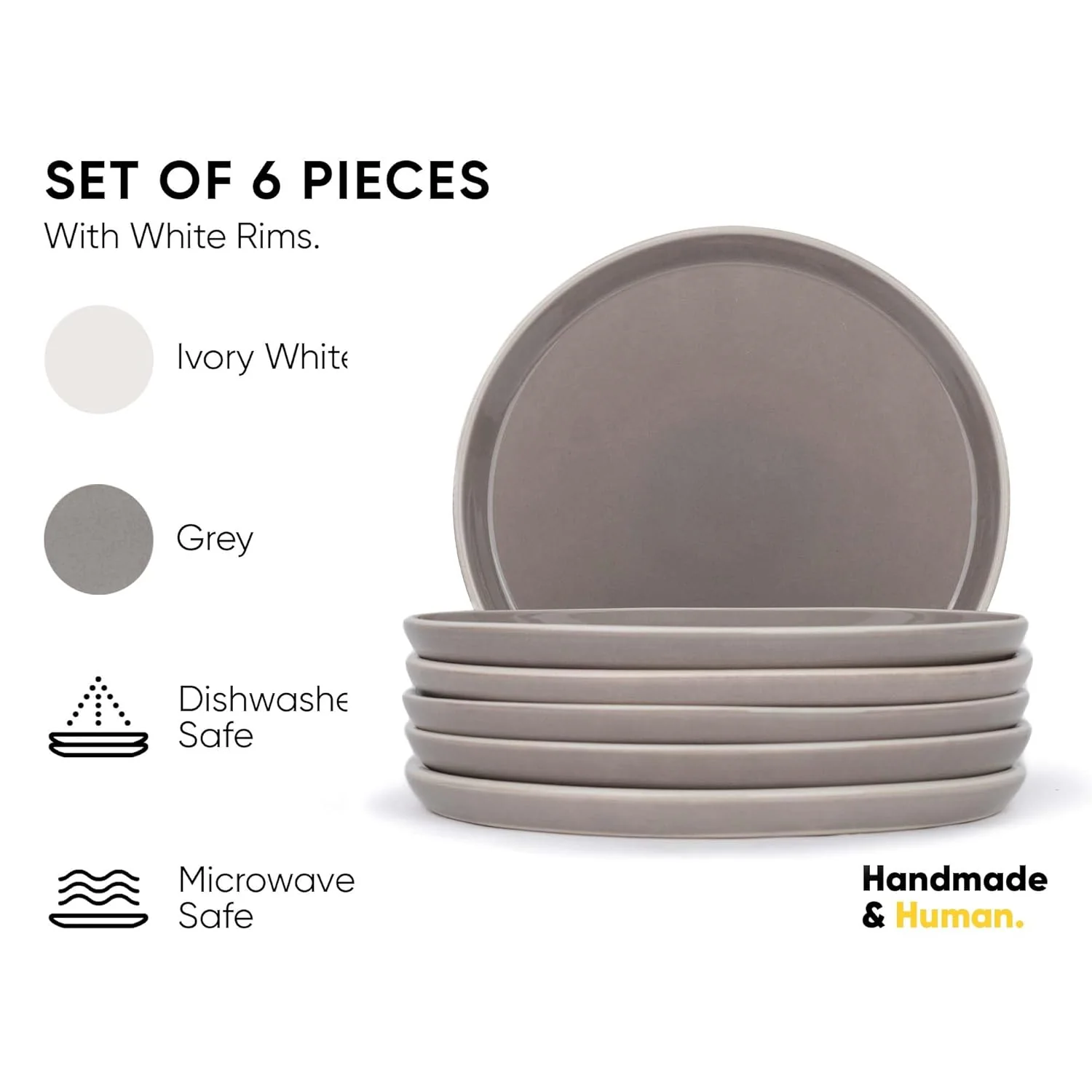 Ceramic Dinner Plates Set Of 6 Pieces, Grey With White Rim Carving Series | Ceramic Plates Set - Glossy Finish Plate Set | Ceramic Dinner Plates - Plates Set For Dinner | Microwave Safe - Image 2