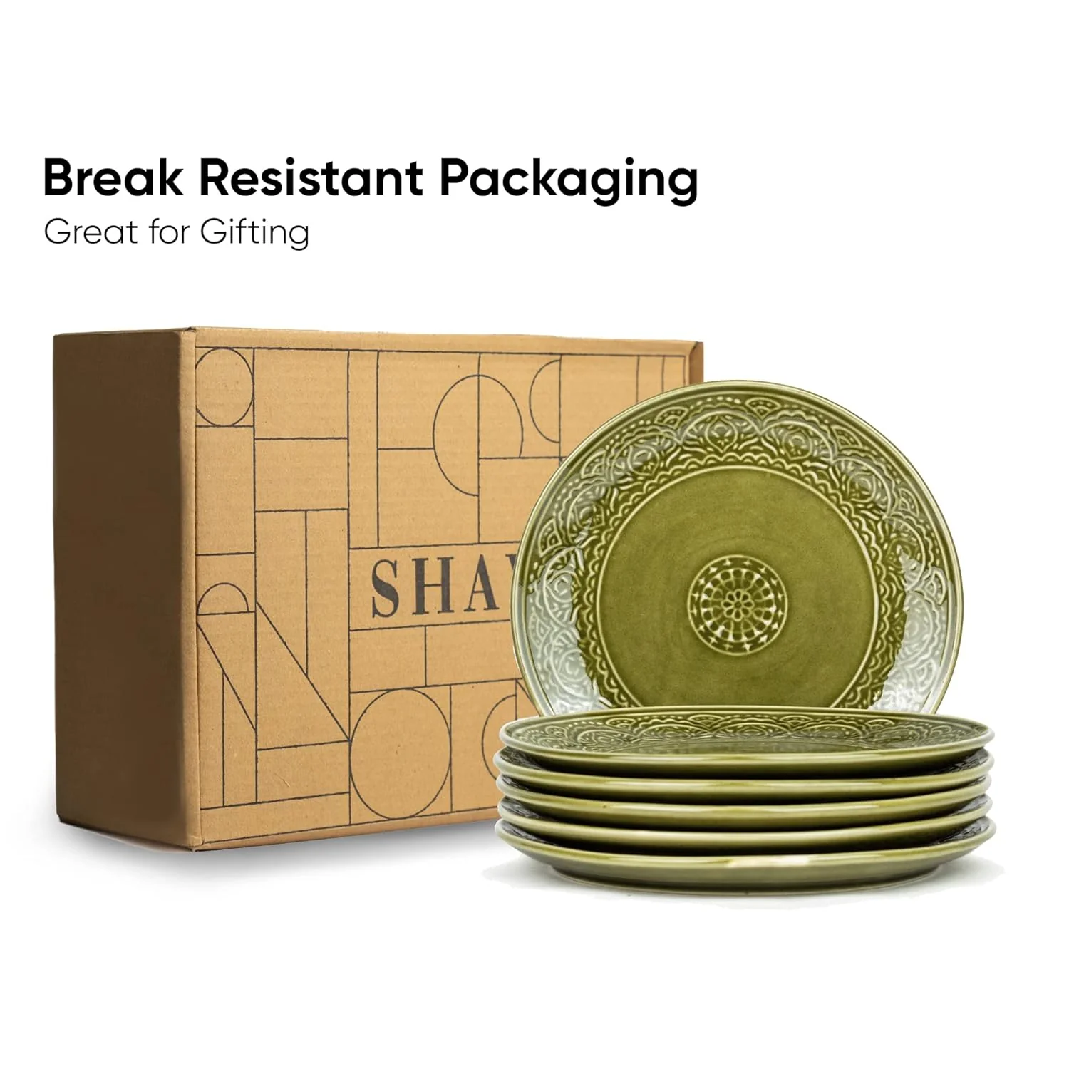 Ceramic Dinner Plates Set Of 6 Pieces, Mehndi Green Carving Series | Ceramic Plates Set With Glossy Finish - Dinner Plates Ceramic | Set Of 6 Plates For Dinner - Microwave Safe & Chip Resistant - Image 6