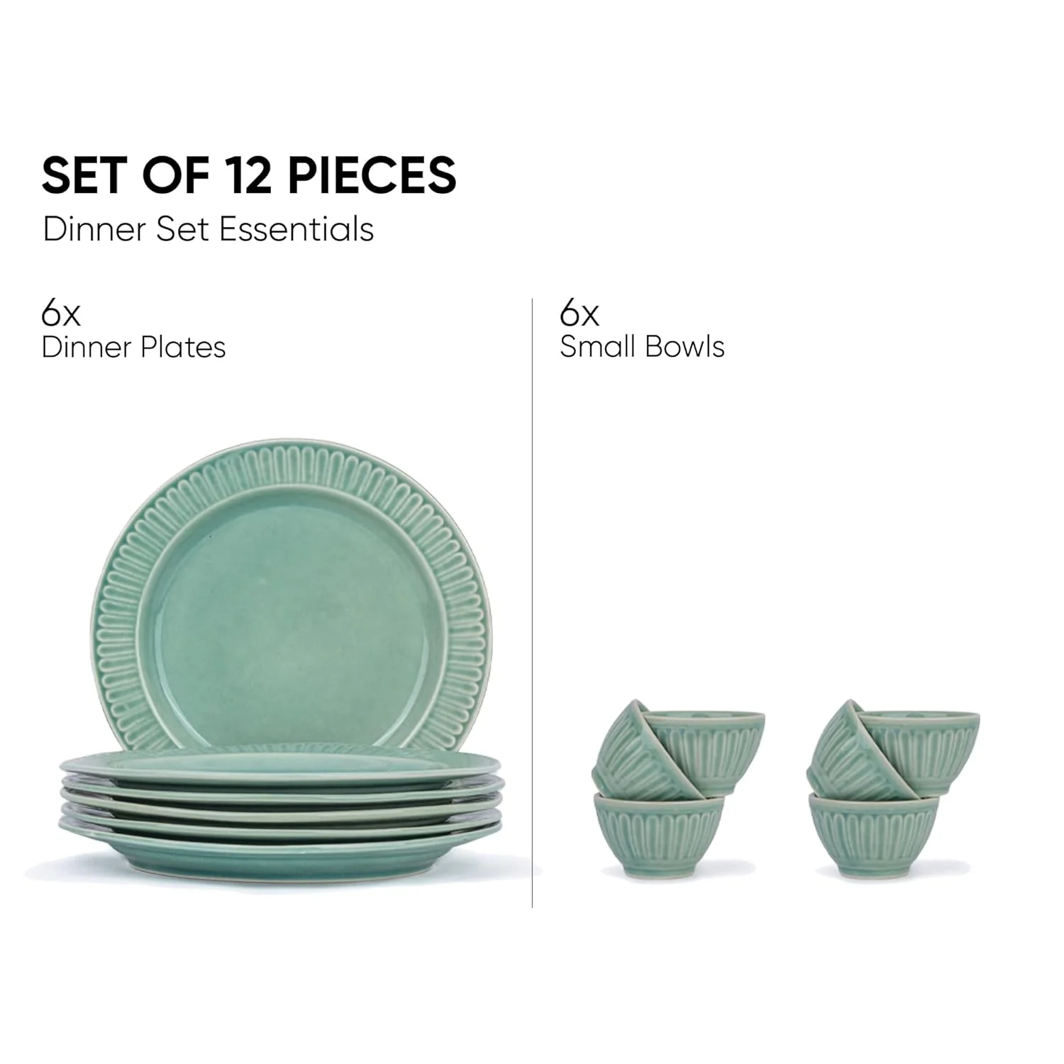 Ceramic Dinner Set Of 12 Pcs, Light Mint | Crockery Set For Dining Table - Dining Sets Crockery Items With Glossy Finish | 6 Dinner Plates+ 6 Veg Bowls, 200ml Each - Image 4