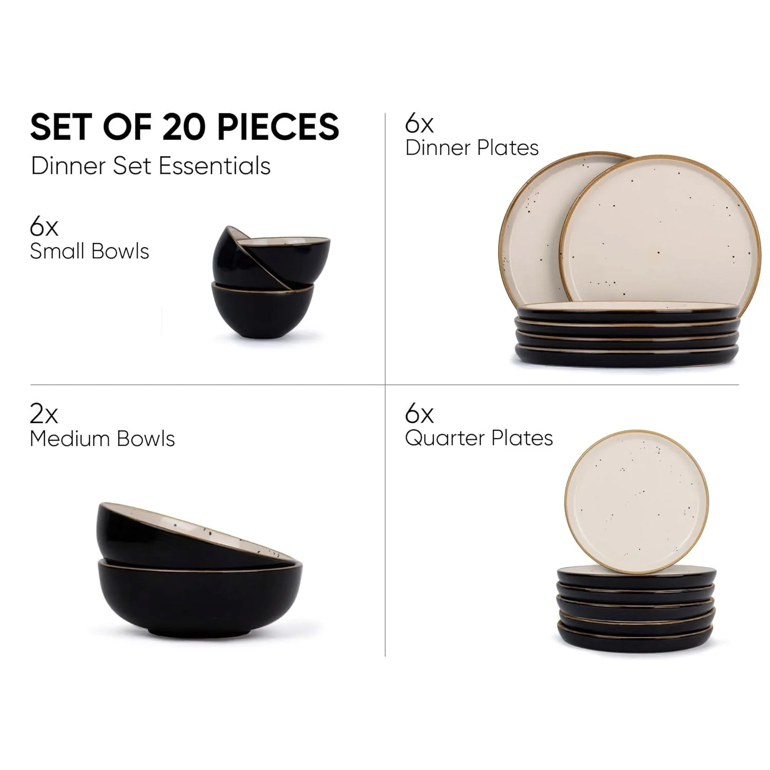 Ceramic Dinner Set Of 20 Pcs, Black Ivory | Crockery Set For Dining Table - Glossy Finish Premium Stoneware | 6 Dinner Plates + 6 Quarter Plates+ 6 Veg Bowls, 180ml Each+ 2 Flat Bowls, 800ml Each - Image 2