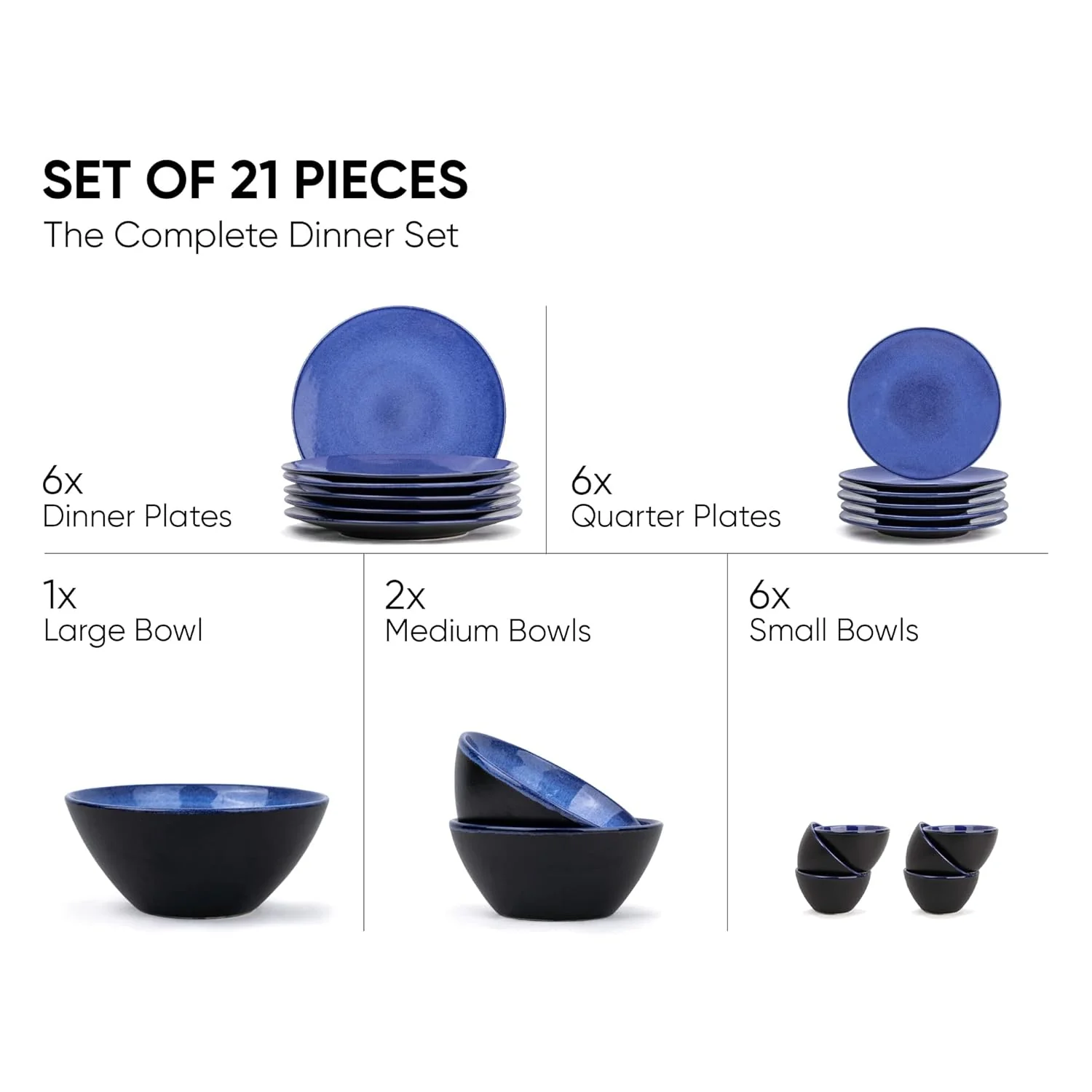 Ceramic Dinner Set Of 21 Pcs, Blue Reactive | Crockery Set - Dining Sets Crockery Items | 6 Dinner Plates+ 6 Quarter Plates+ 6 Veg Bowls, 220ml Each+ 2 Medium Bowls, 850ml Each+ 1 Large Bowl, 1400ml - Image 2