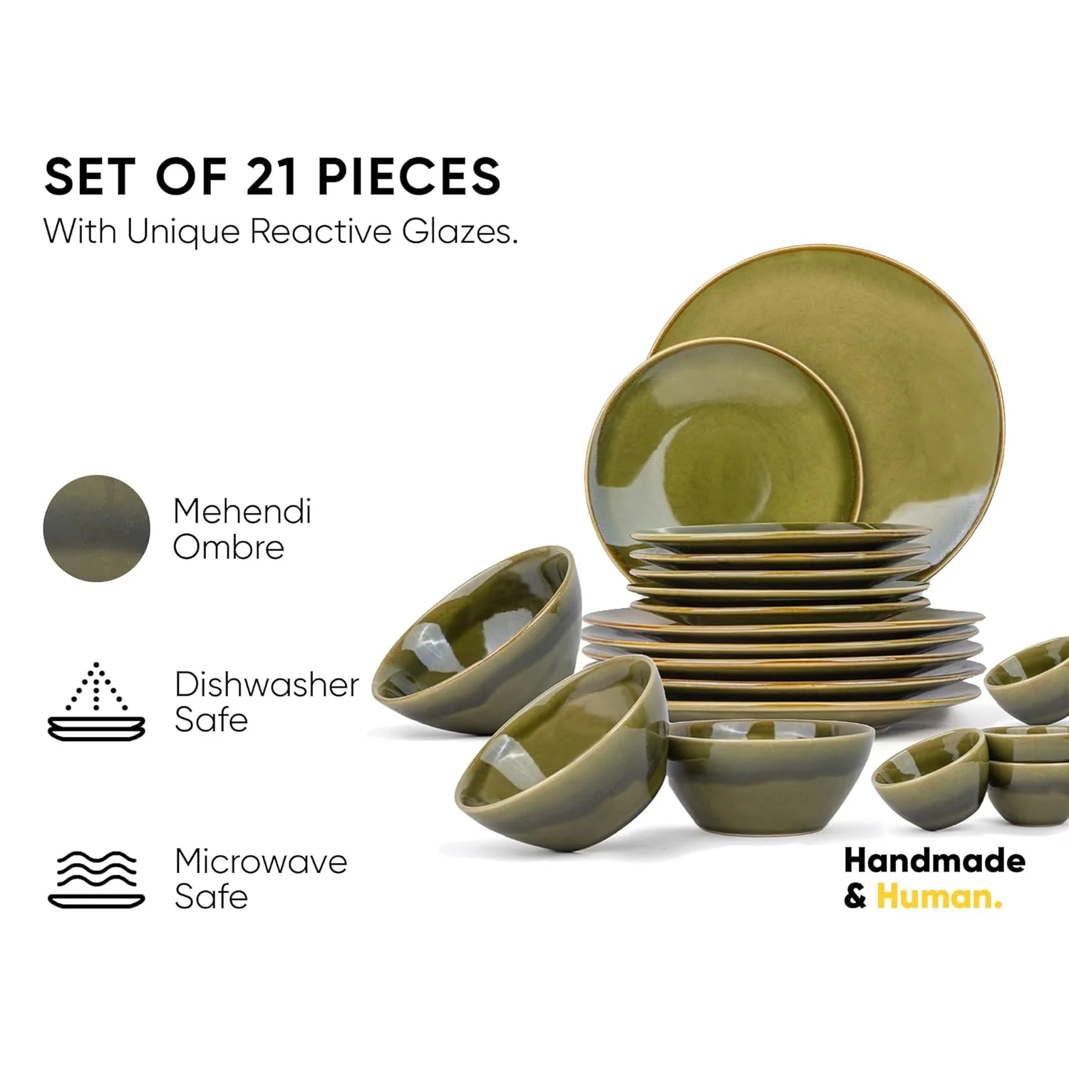 Ceramic Dinner Set Of 21 Pcs, Mehndi Ombre | Crockery Set - Dining Sets Crockery Items | 6 Dinner Plates+ 6 Quarter Plates+ 6 Veg Bowls, 220ml Each+ 2 Medium Bowls, 850ml Each+ 1 Large Bowl, 1400ml - Image 3