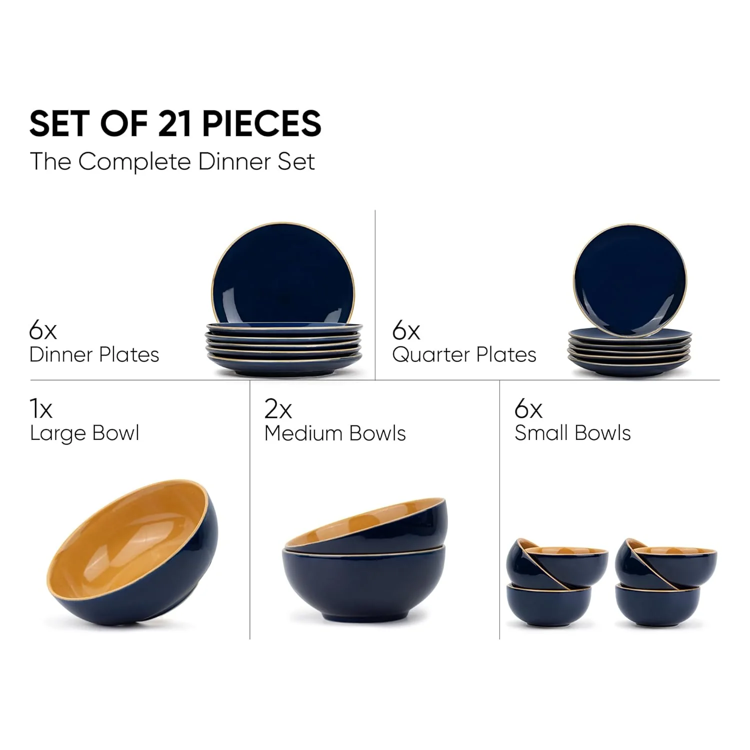 Ceramic Dinner Set Of 21 Pcs, Midnight Blue | Crockery Set - Dining Sets Crockery Items | 6 Dinner Plates+ 6 Quarter Plates+ 6 Veg Bowls, 180ml Each+ 2 Medium Bowls, 1000ml Each+ 1 Large Bowl, 1500ml - Image 4