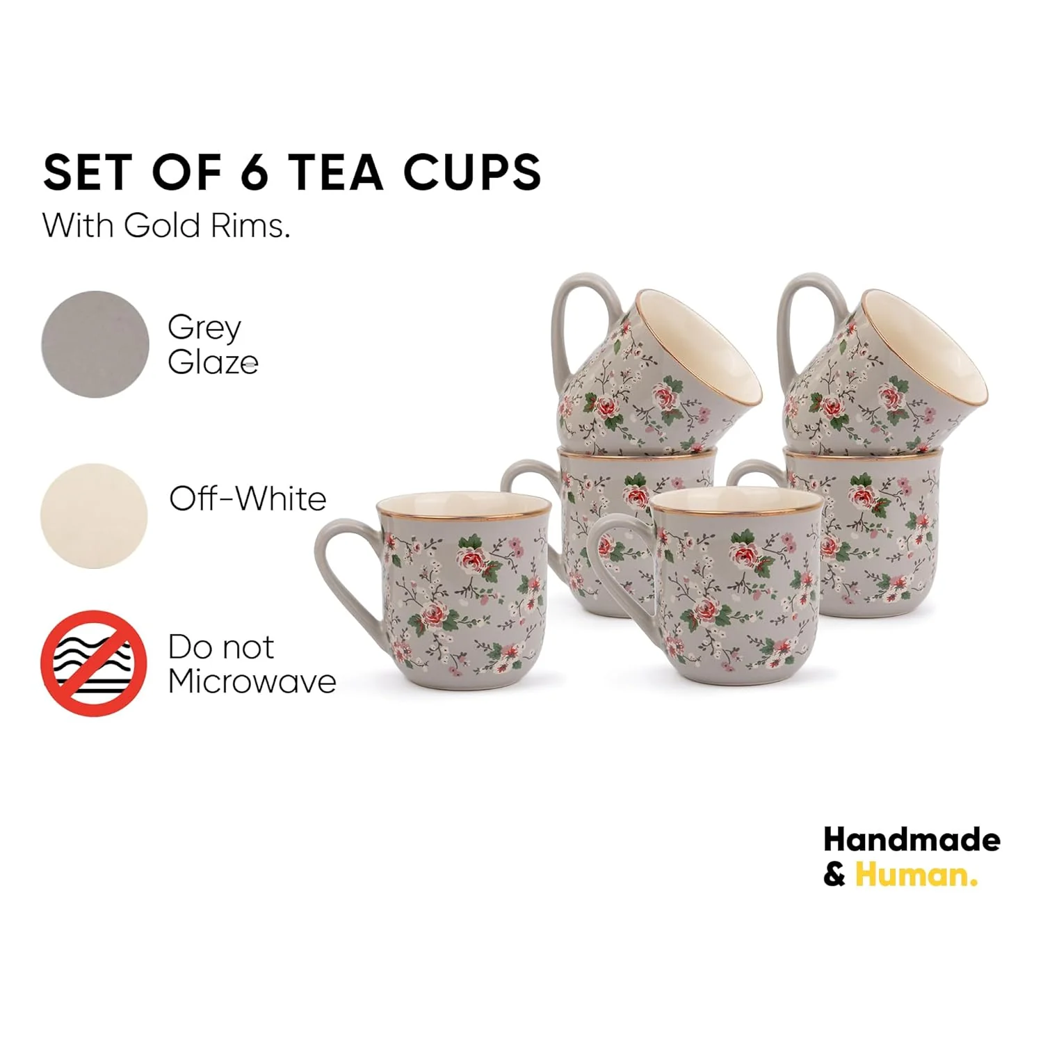 Ceramic Floral Tea Cups Set Of 6 - Grey Floral, 180ml Each | Tea Cup Set Of 6 - Premium Stoneware Tea Set | Ceramic Tea Cup With Glossy Finish - Small Cups For Tea | Microwave Safe & Dishwasher Safe - Image 4